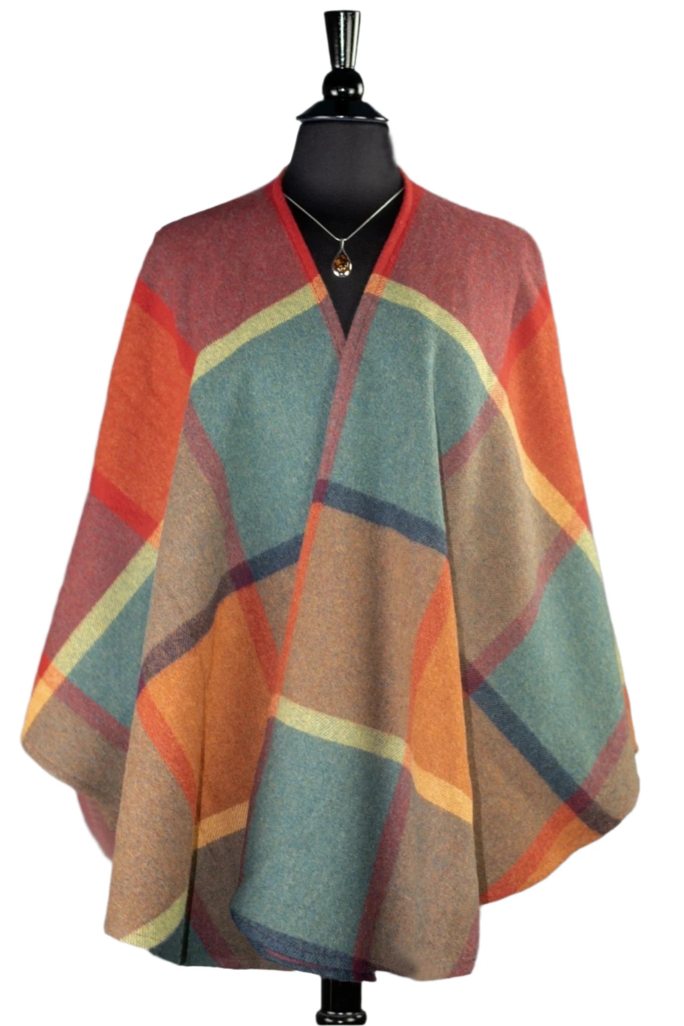 Irish Autumn Splendor Lambswool Ruana Wrap on a black bust form