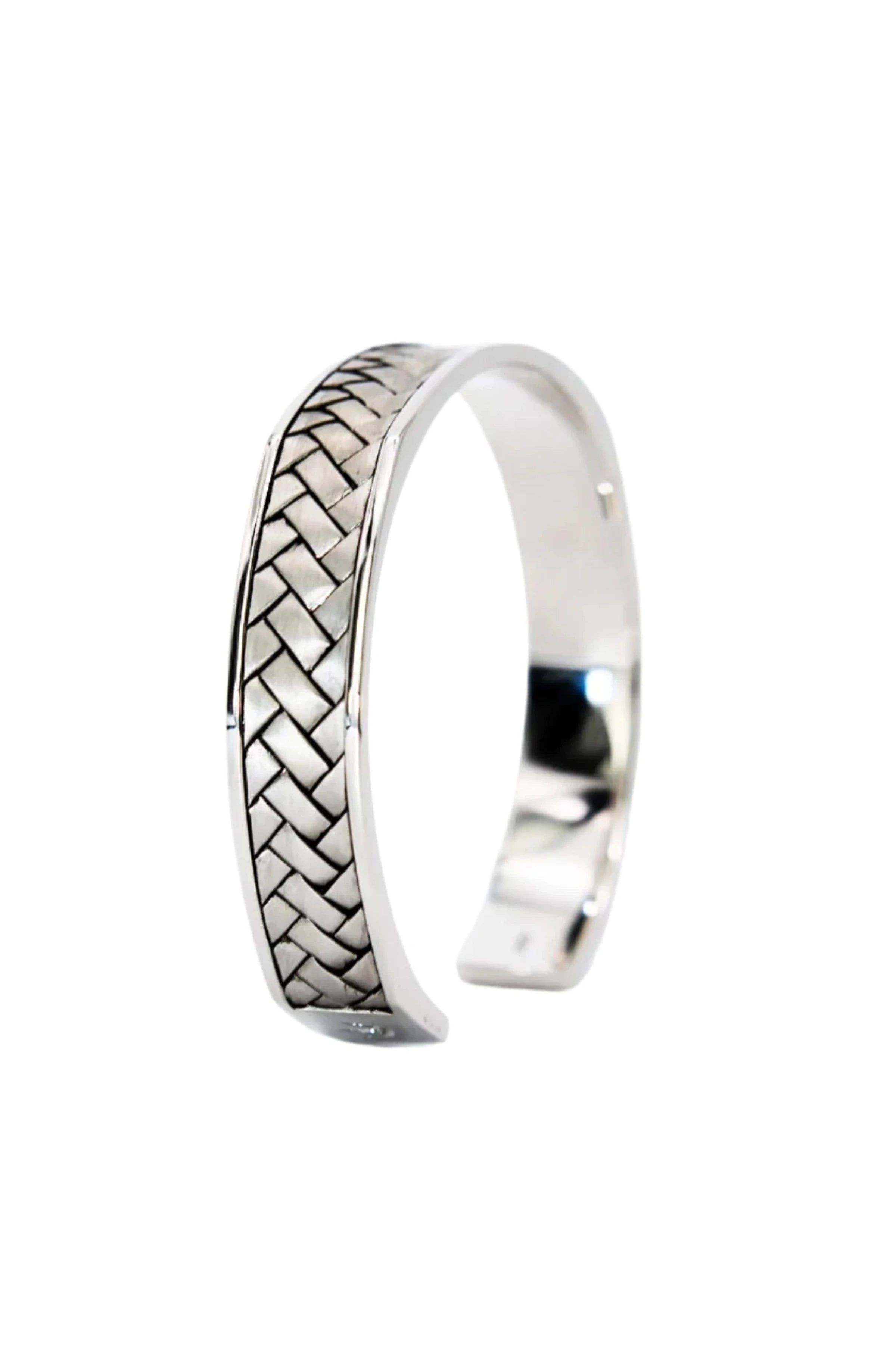 Irish Broken Twill Weave Cuff Silver Irish Bangle on a white background