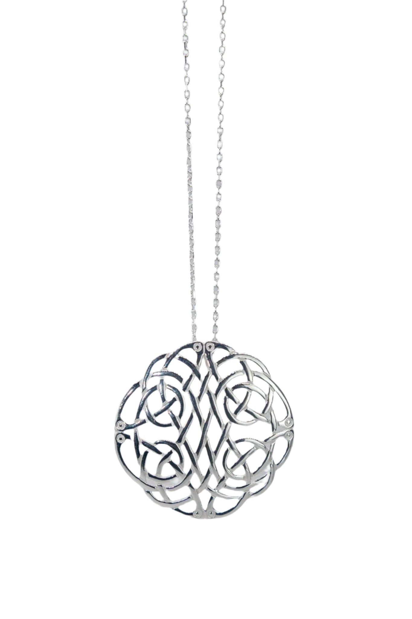 Irish Celtic Woven Knot Sterling Silver Necklace on a white background - L'Atelier Global