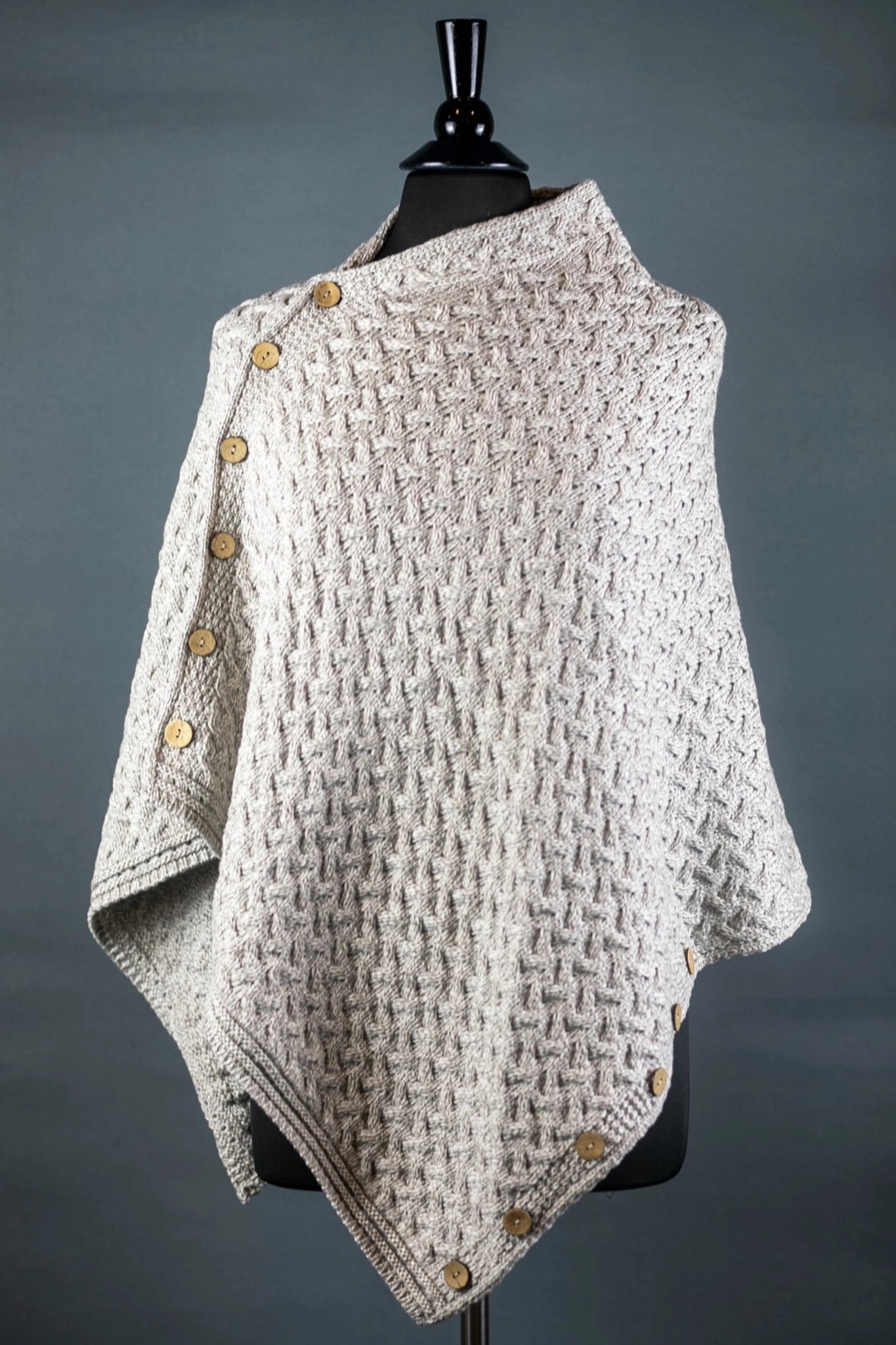 Irish Clew Bay Supersoft Convertible Cape in oatmeal on a bust form