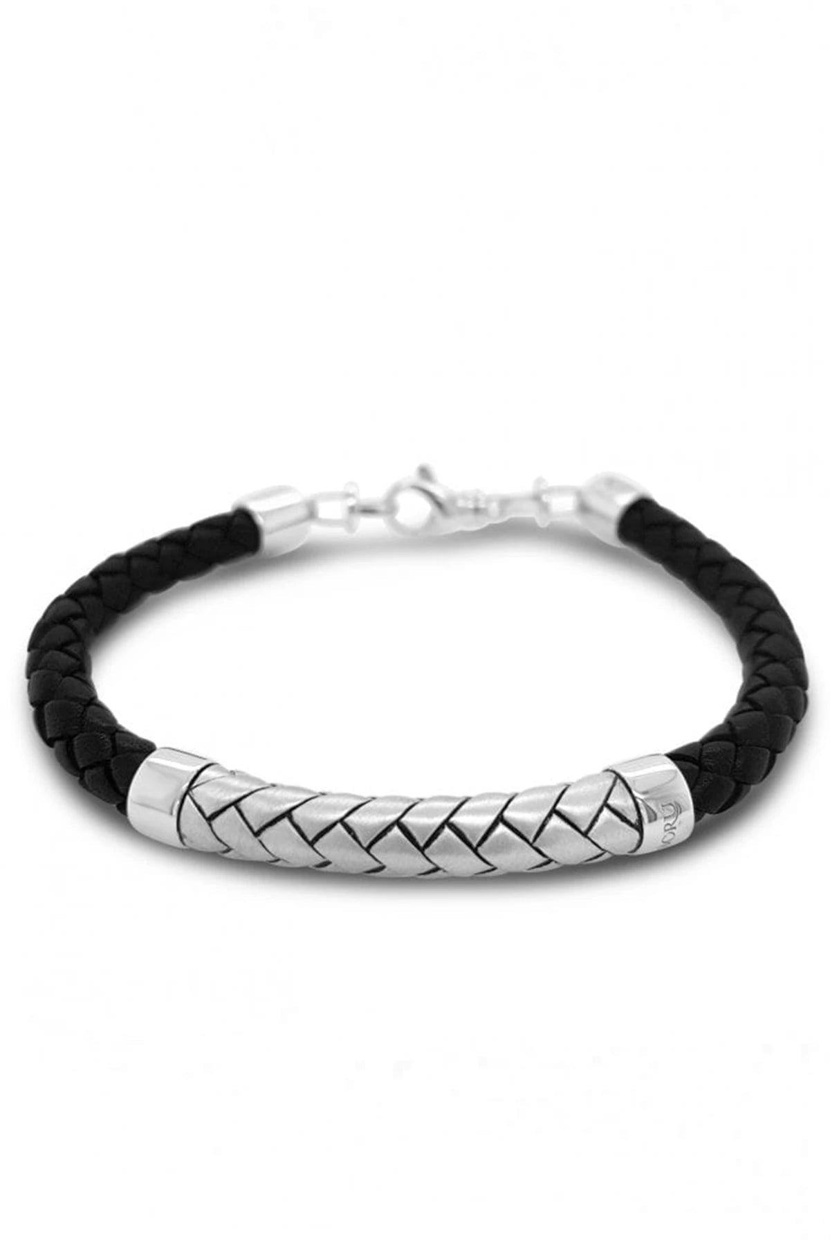 Irish Herringbone Cord Sterling Silver Bracelet on a white background showing the herringbone metal and leather.