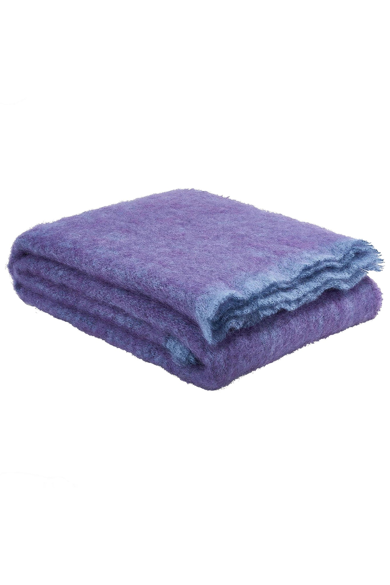 Irish Kilkenny Aubergine Melange Handloomed Plush Mohair Throw with light blue trim, folded in square on white background
