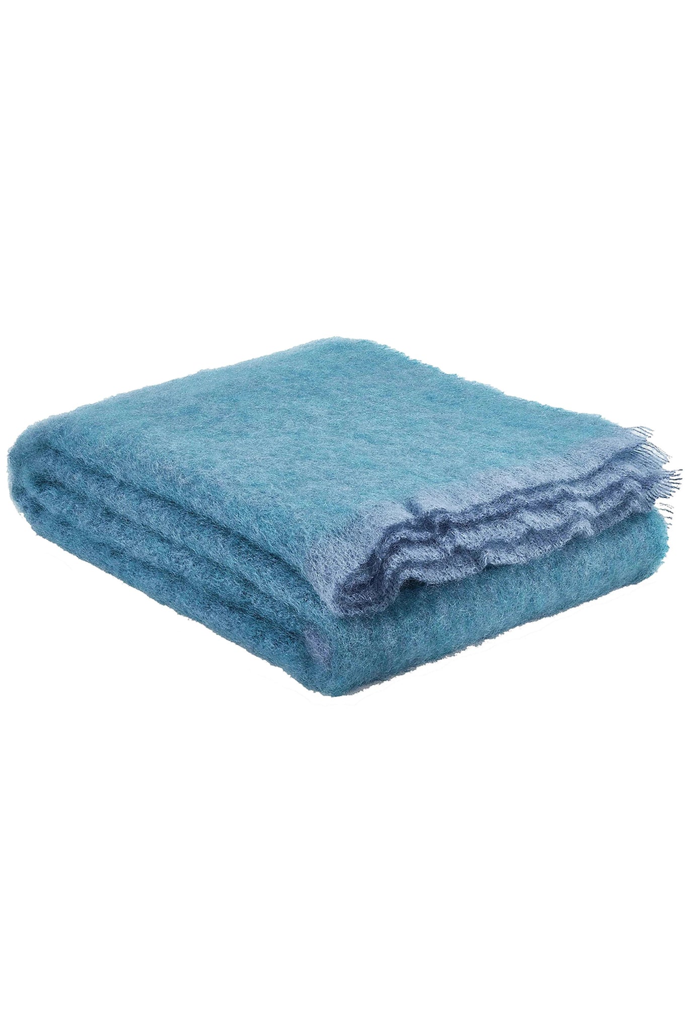 Irish Kilkenny Vibrant Blue Melange with blue trim, Handloomed Plush Mohair Throw folded in a square on a white background