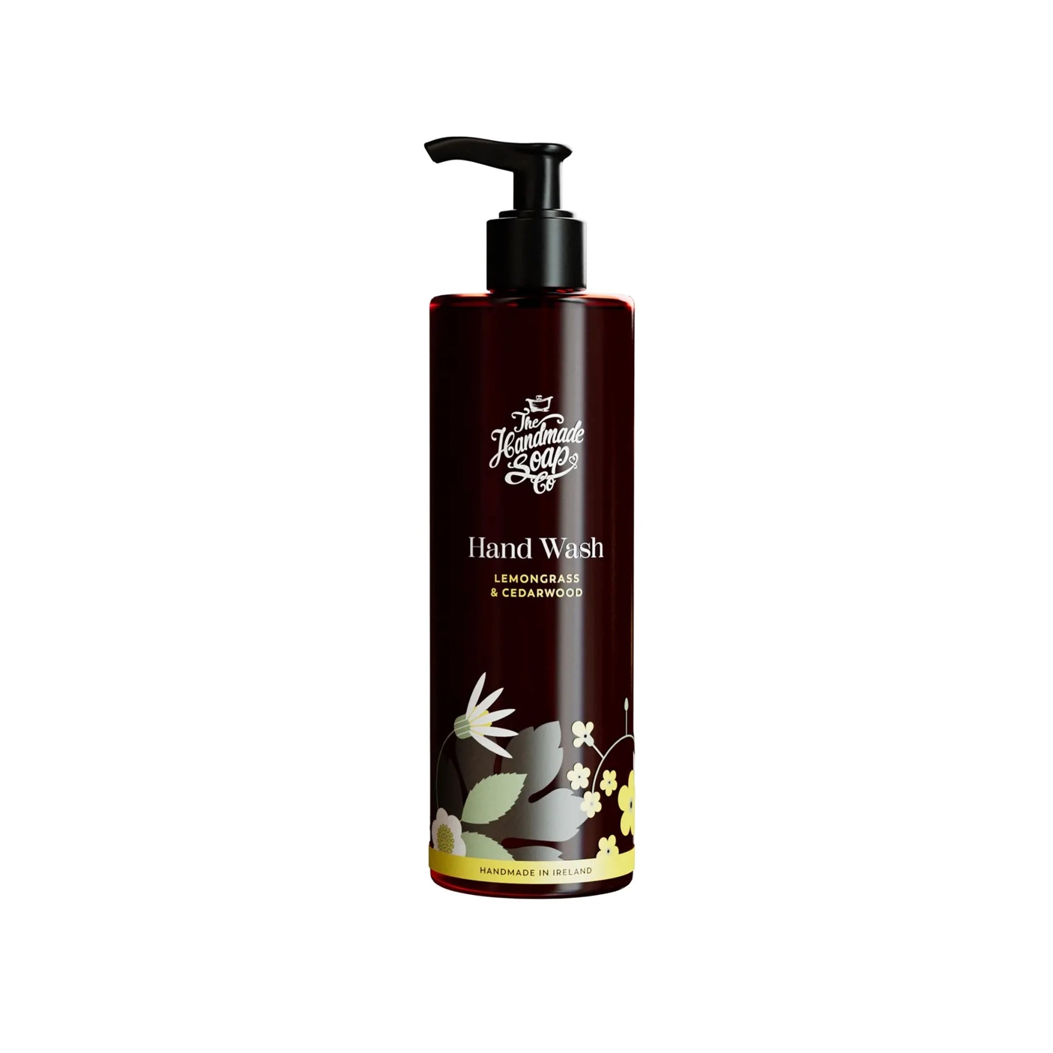 Hand wash bottle with branding and product details on a white background
