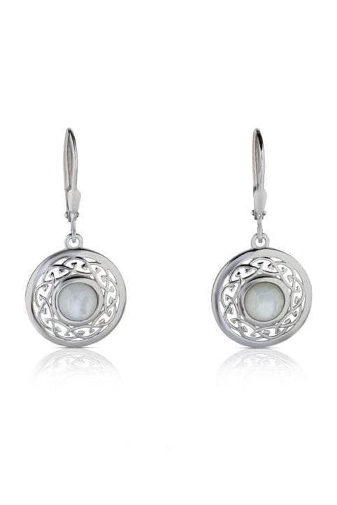 Irish Mother of Pearl Trinity Silver Swirl Earrings on a white background