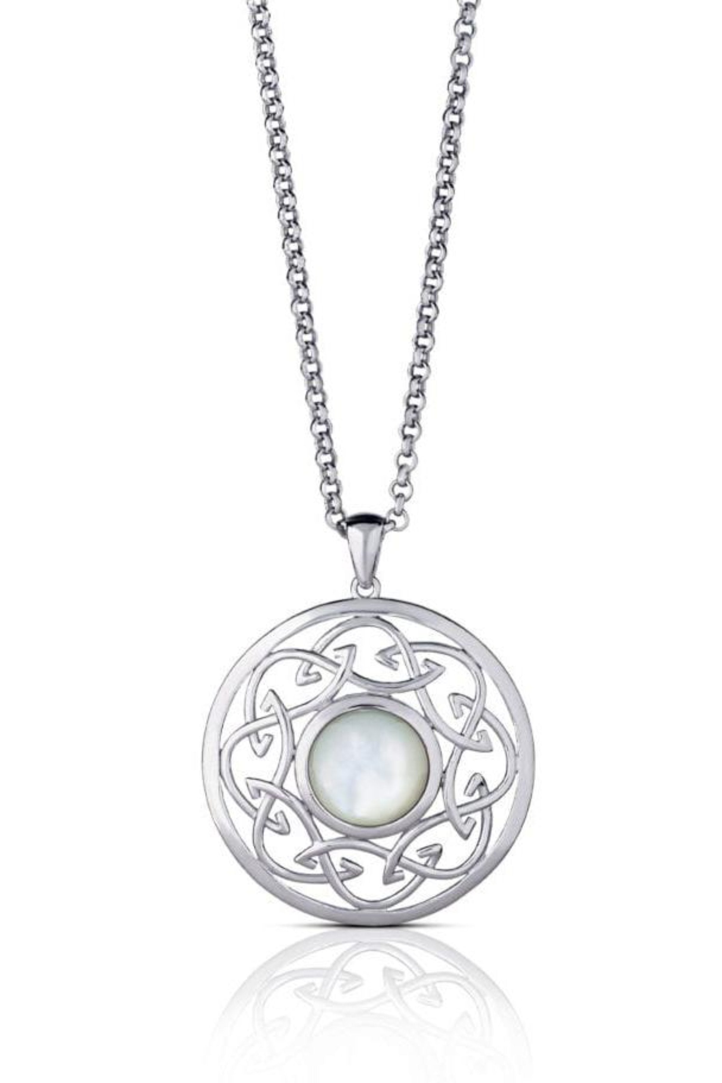 Irish Mother of Pearl Trinity Silver Swirl Necklace on a white background