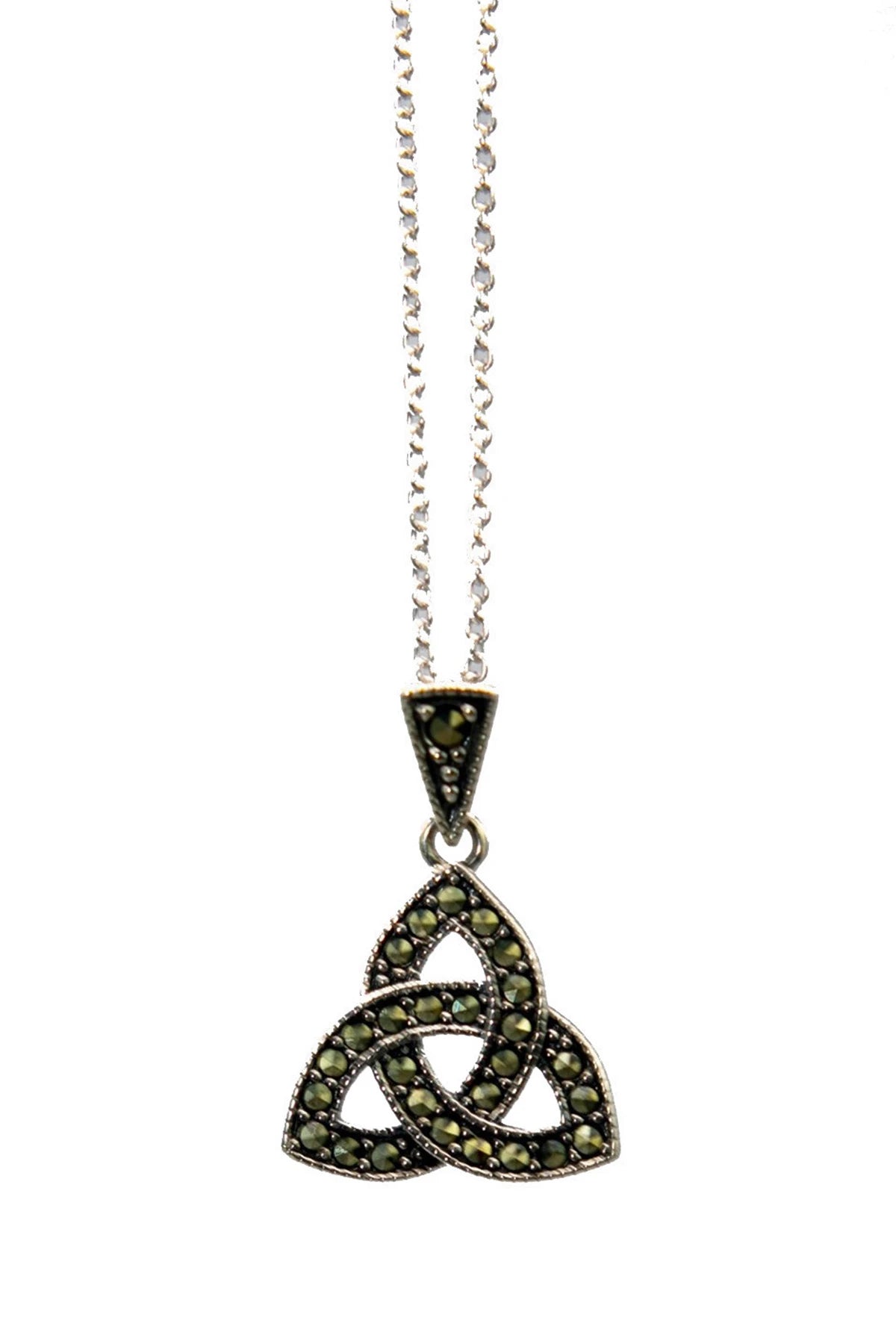 Irish Trinity Knot Marcasite Pendant Necklace on a white background - L'Atelier Global