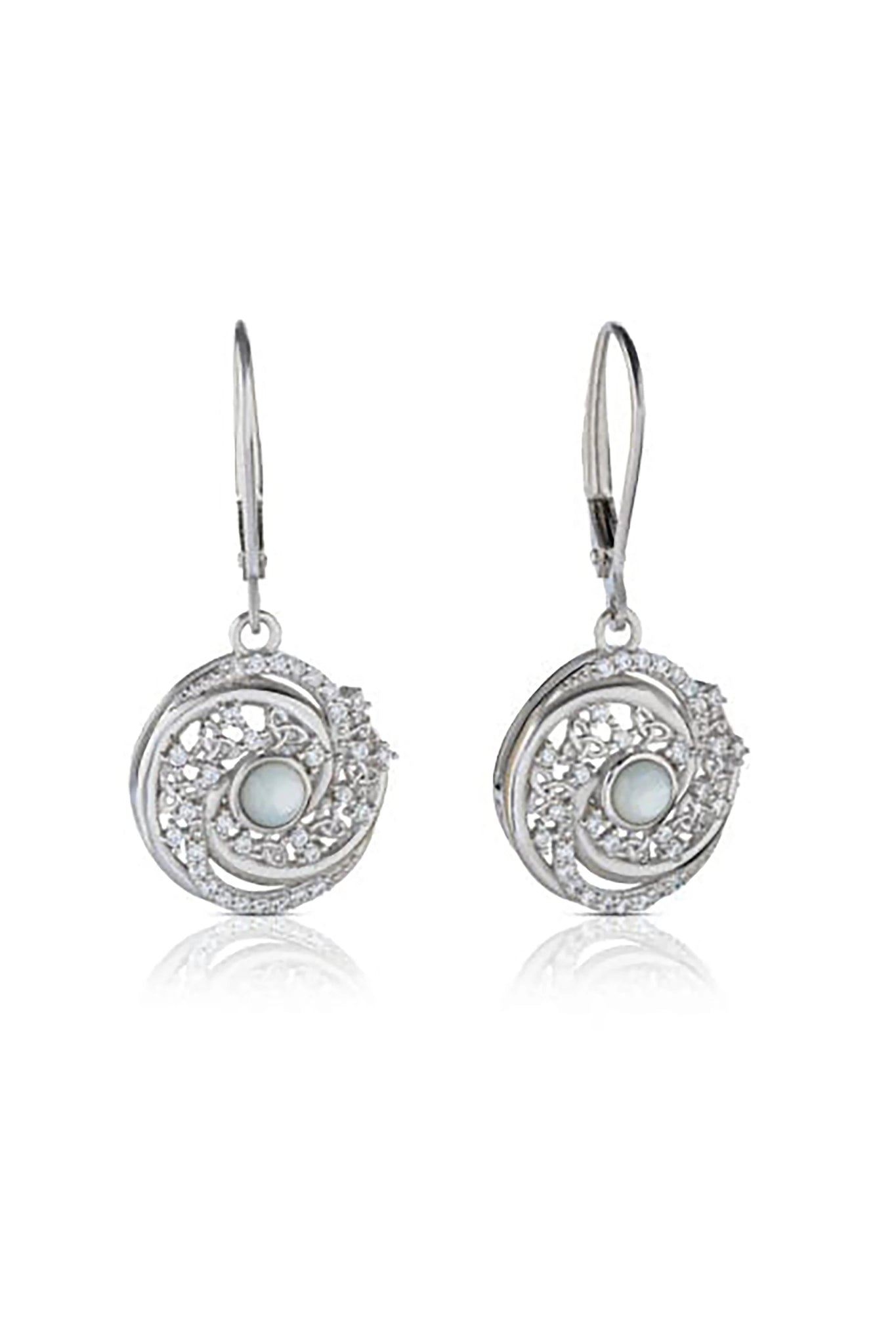 Irish Winter Solstice Swirl Mother of Pearl Earrings on a white background