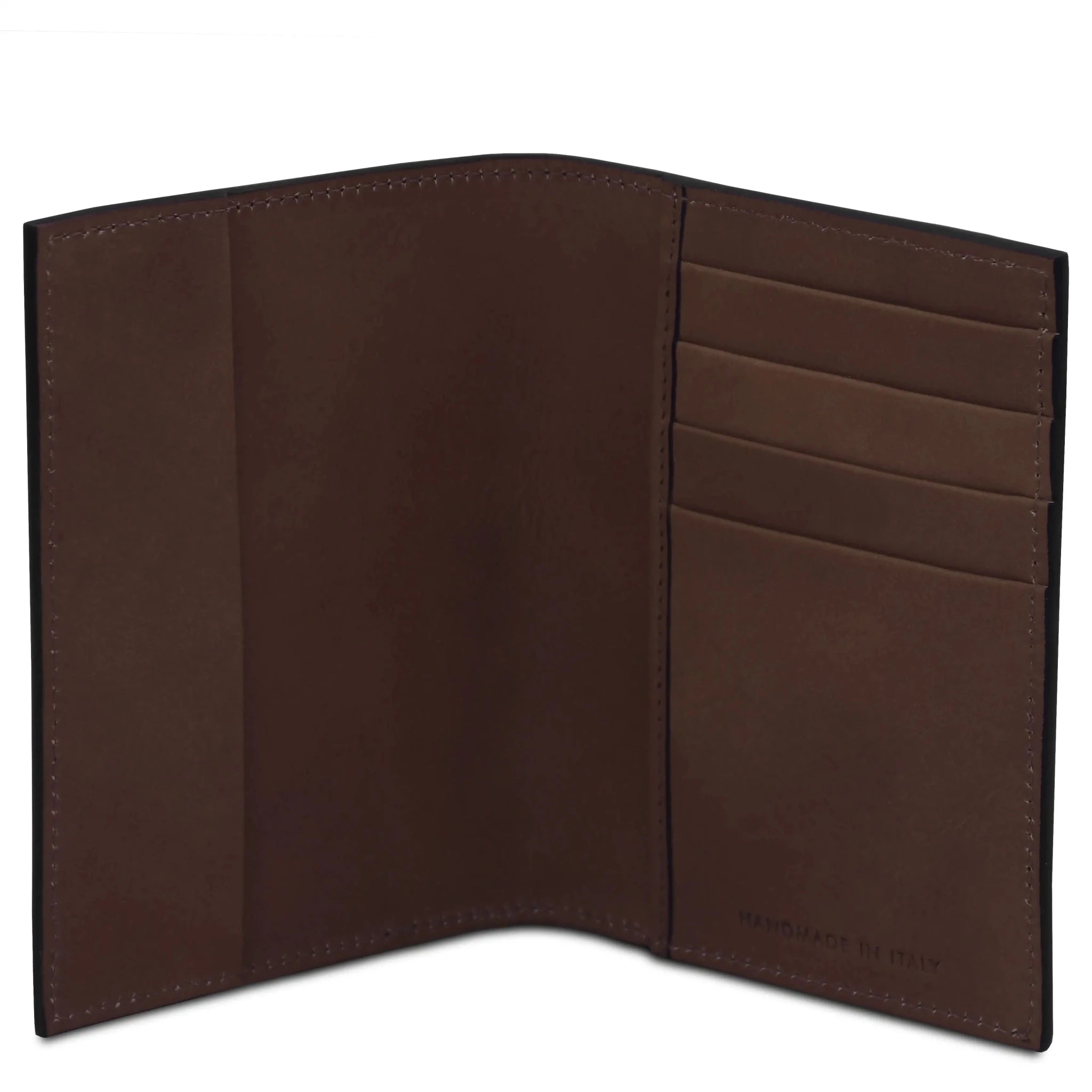 Interior pockets view Italian Leather Passport Cover in brown