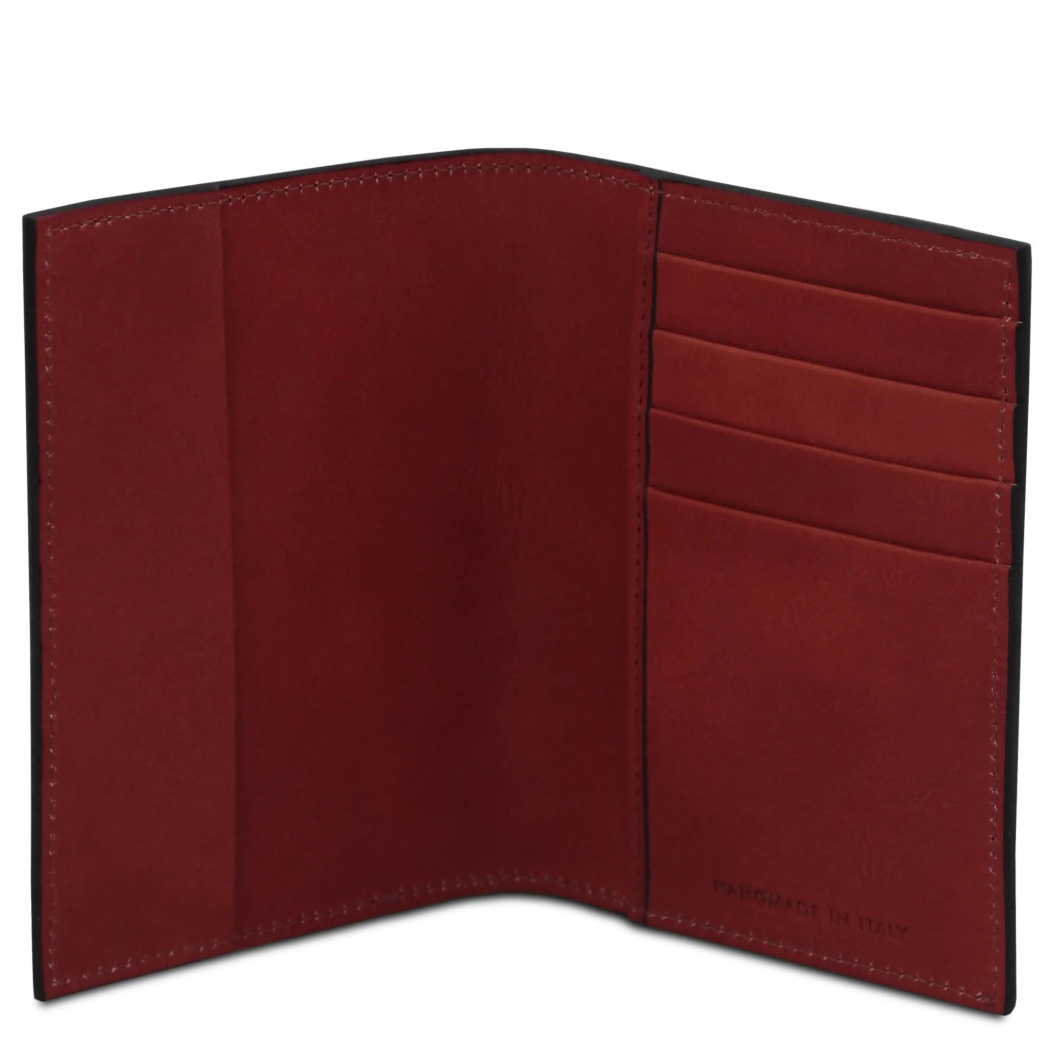 Interior pockets view Italian Leather Passport Cover in red