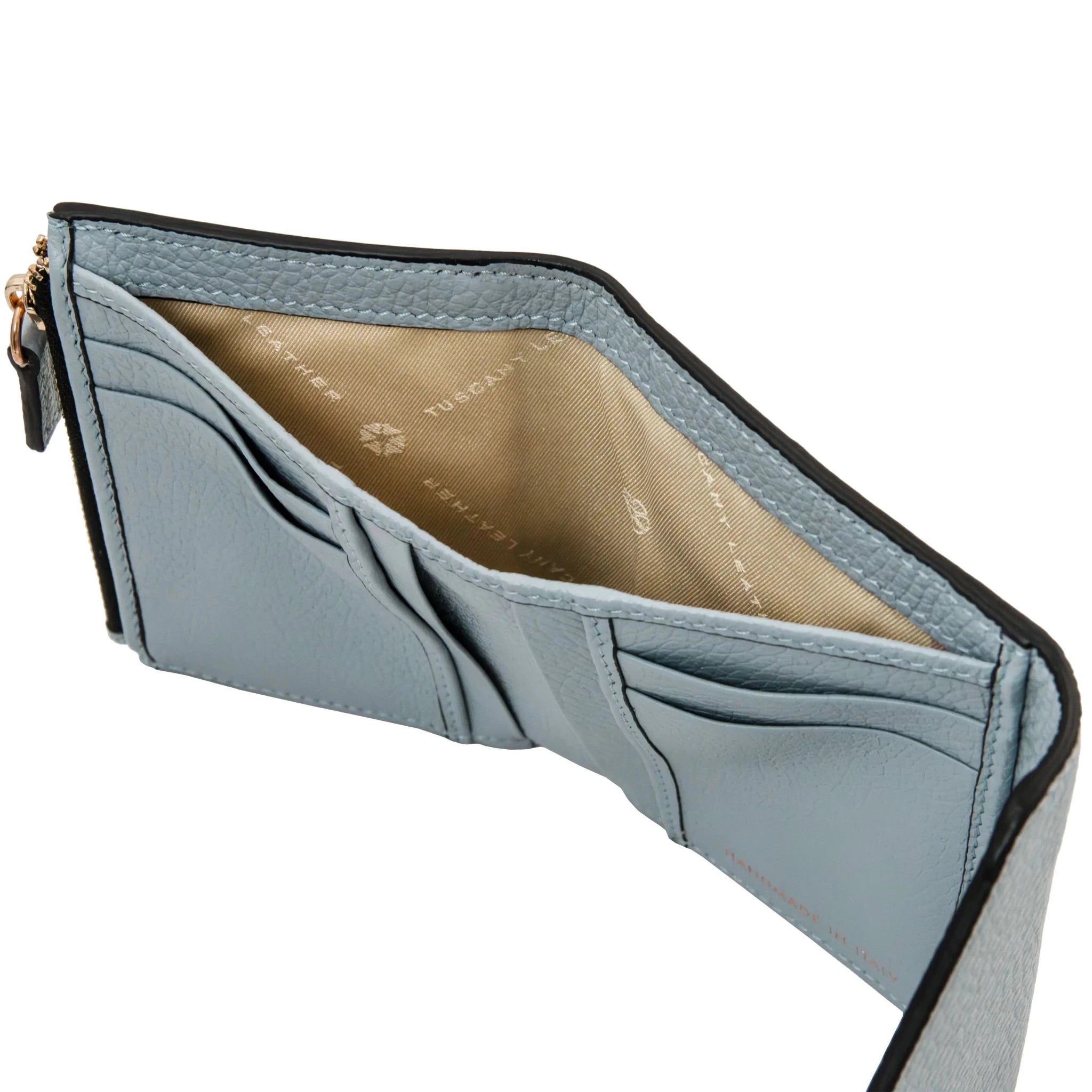 Top dollar bifold view light blue Italian Pebbled Leather Envelope Wallet