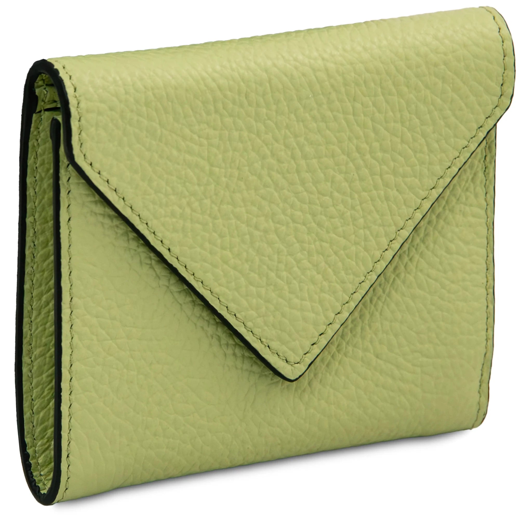Front angled view lime green Italian Pebbled Leather Envelope Wallet.