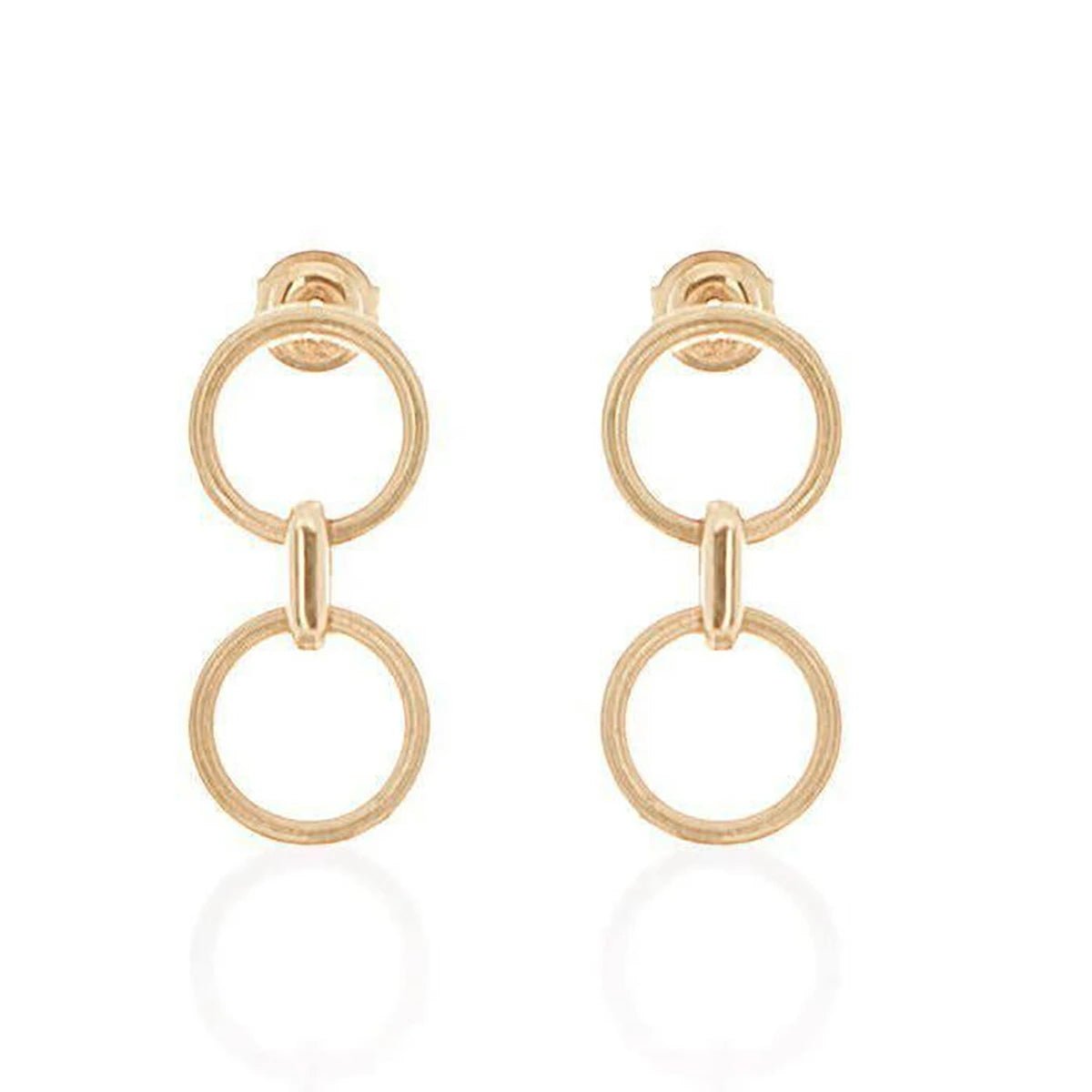 Larissa Circular Gold Dangle Earrings on a white background. To circles dangle from a post.