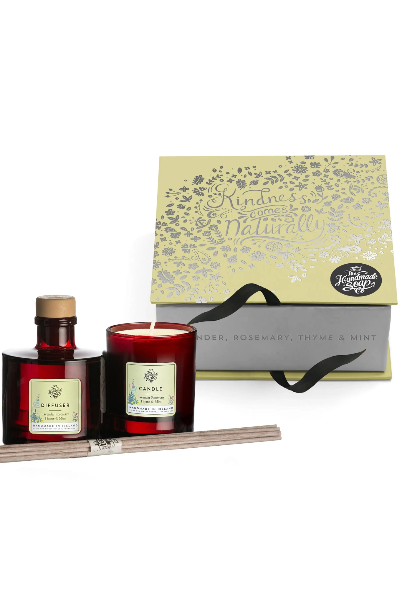 Lavender, Rosemary, Thyme & Mint Candle & Diffuser Gift Set with box on white background