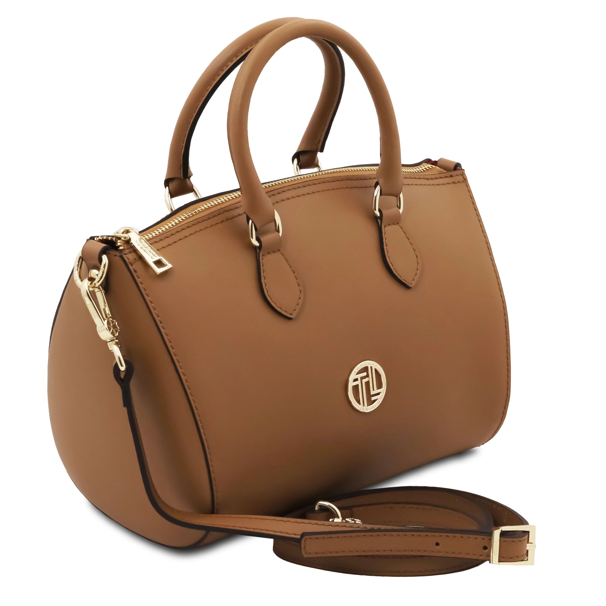 Front angled view of Layla Italian Leather Duffle Bag in cognac showing detachable shoulder strap