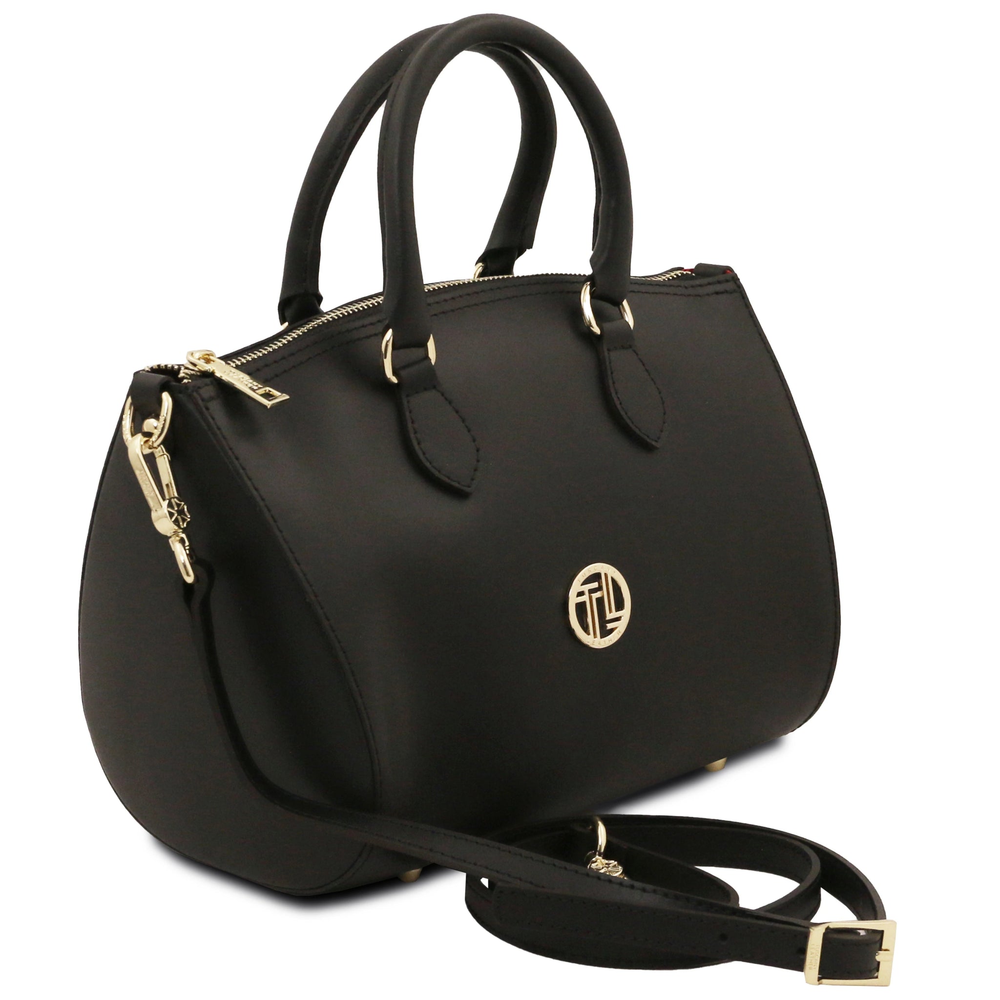 Front angled view of Layla Italian Leather Duffle Bag in black showing detachable shoulder strap