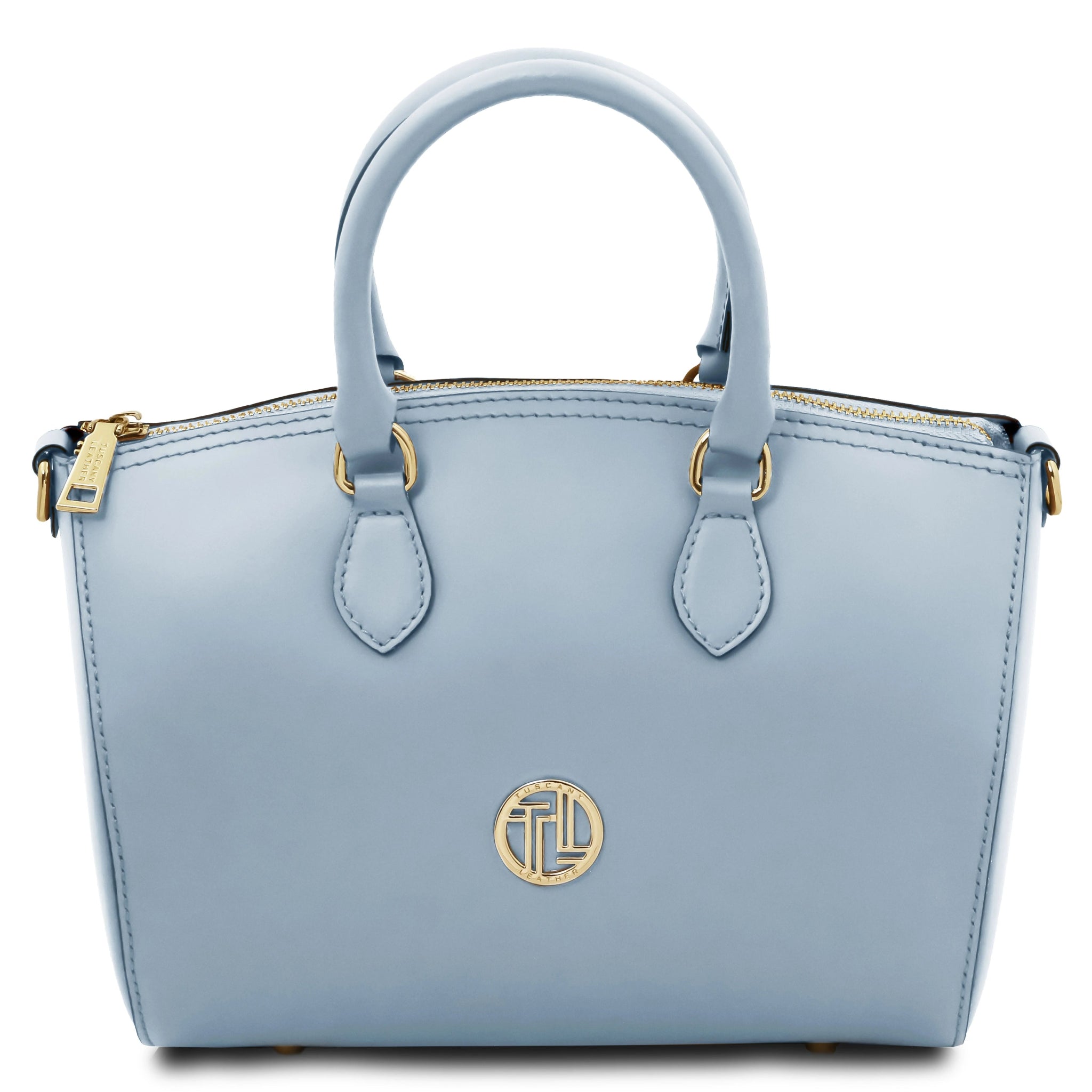 Back view of Layla Italian Leather Duffle Bag in light blue showing top handle