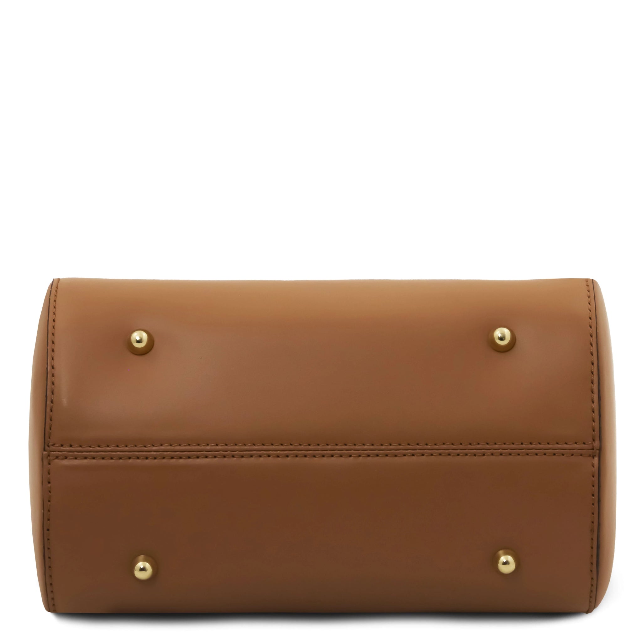Bottom view of Layla Italian Leather Duffle Bag in cognac showing 4 gold feet