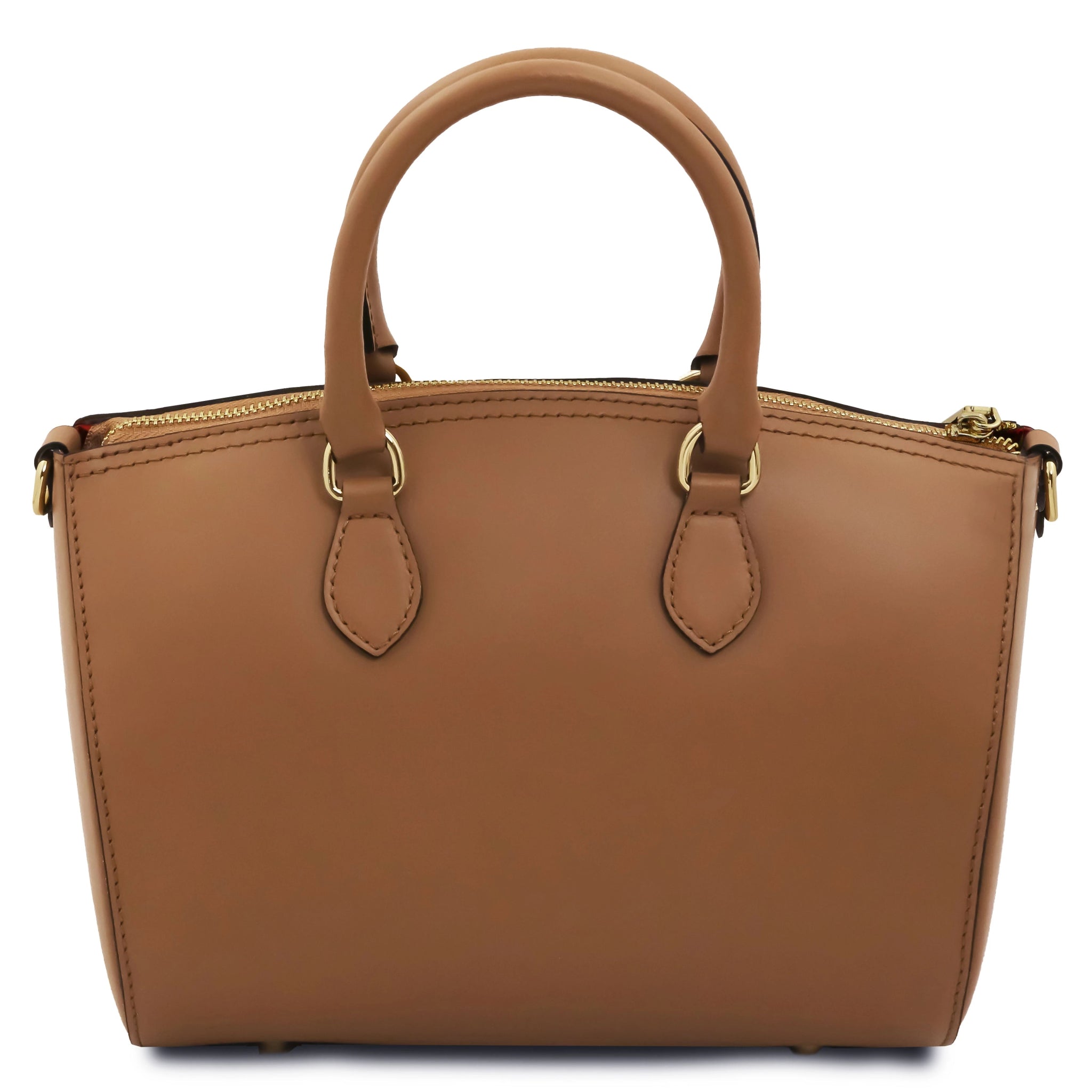 Back view of Layla Italian Leather Duffle Bag in cognac showing top handle