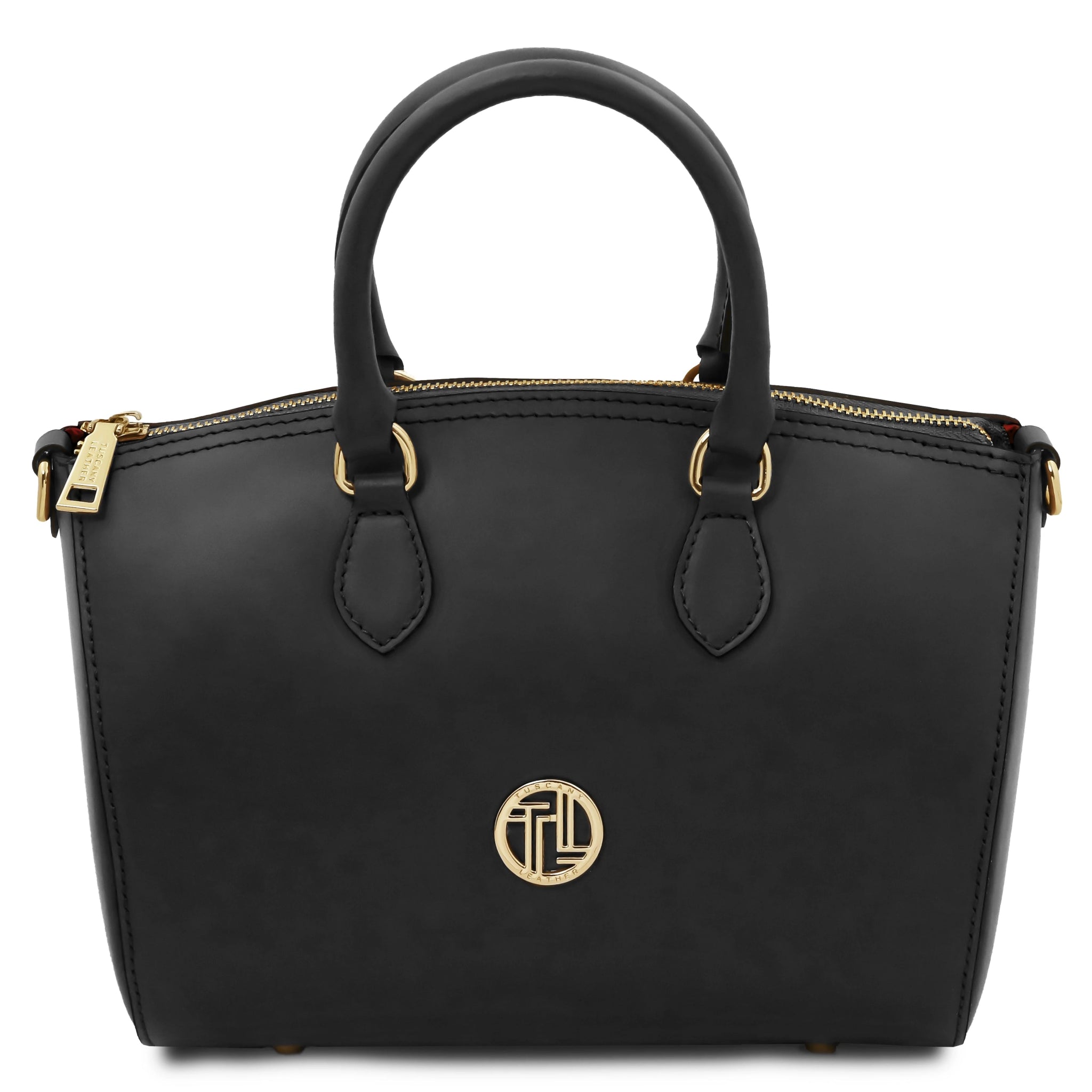 Front view TL Layla Italian Leather Duffle Bag in black on a white background showing top handle