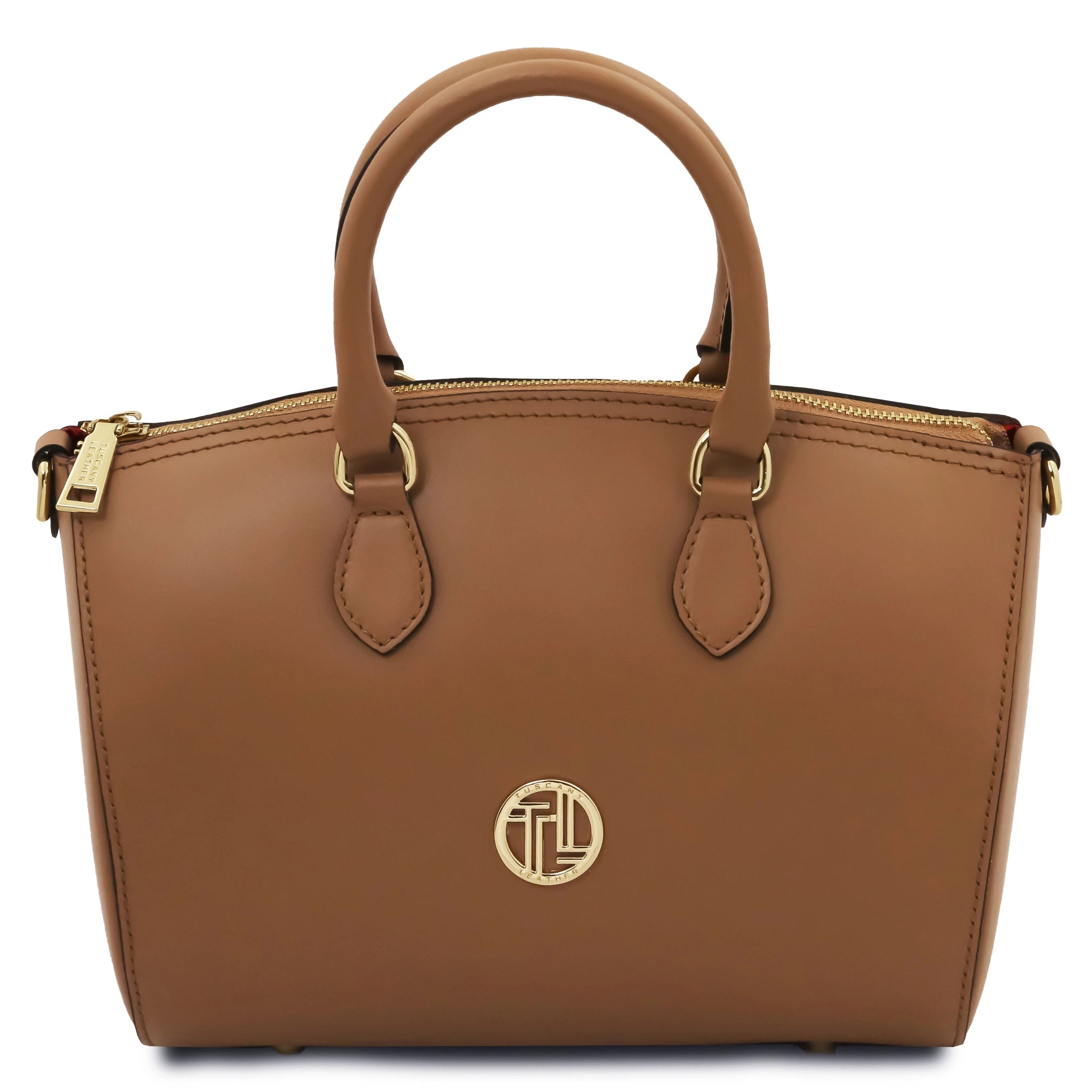 Front view TL Layla Italian Leather Duffle Bag in cognac on a white background showing top handle