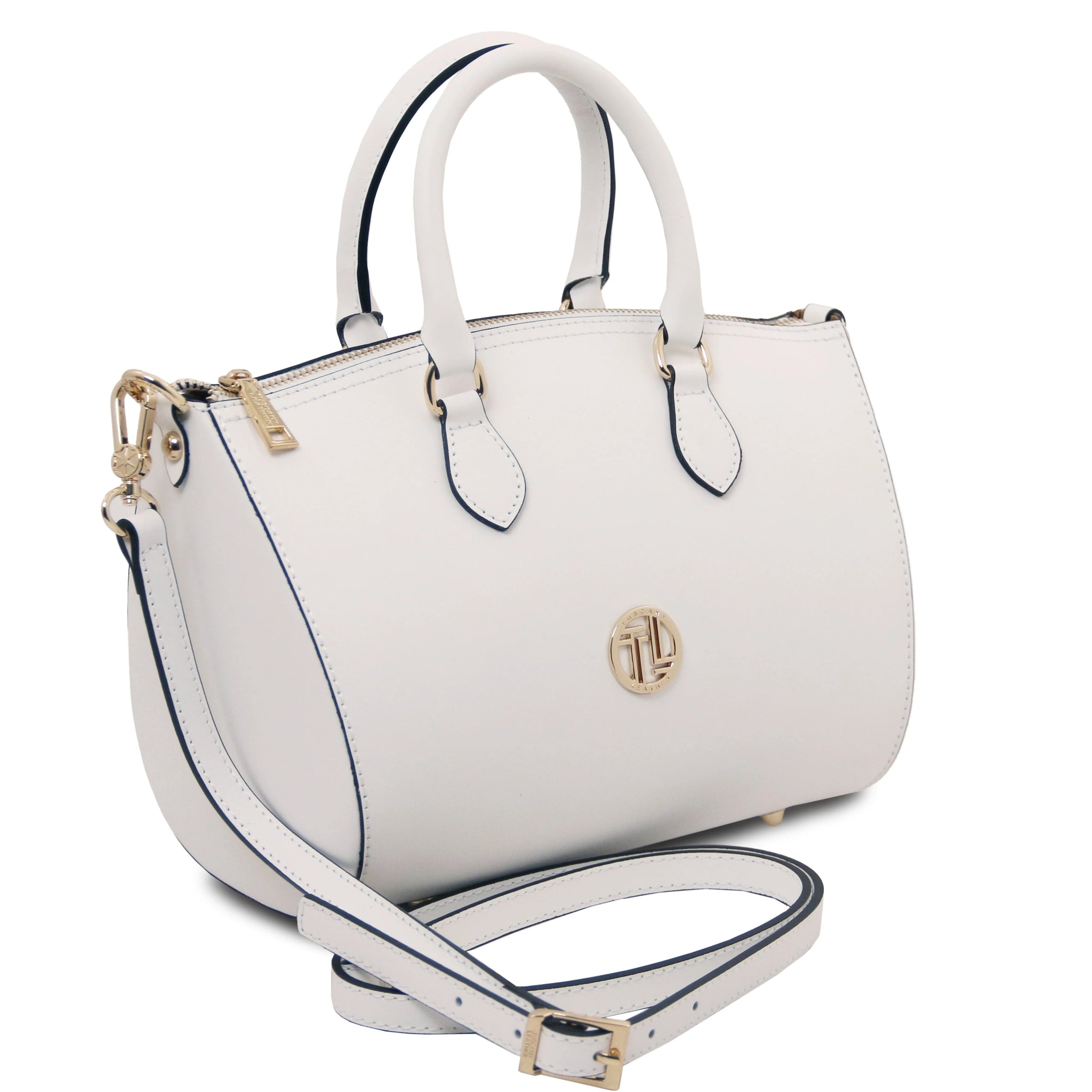 Front angled view of Layla Italian Leather Duffle Bag in white showing detachable shoulder strap