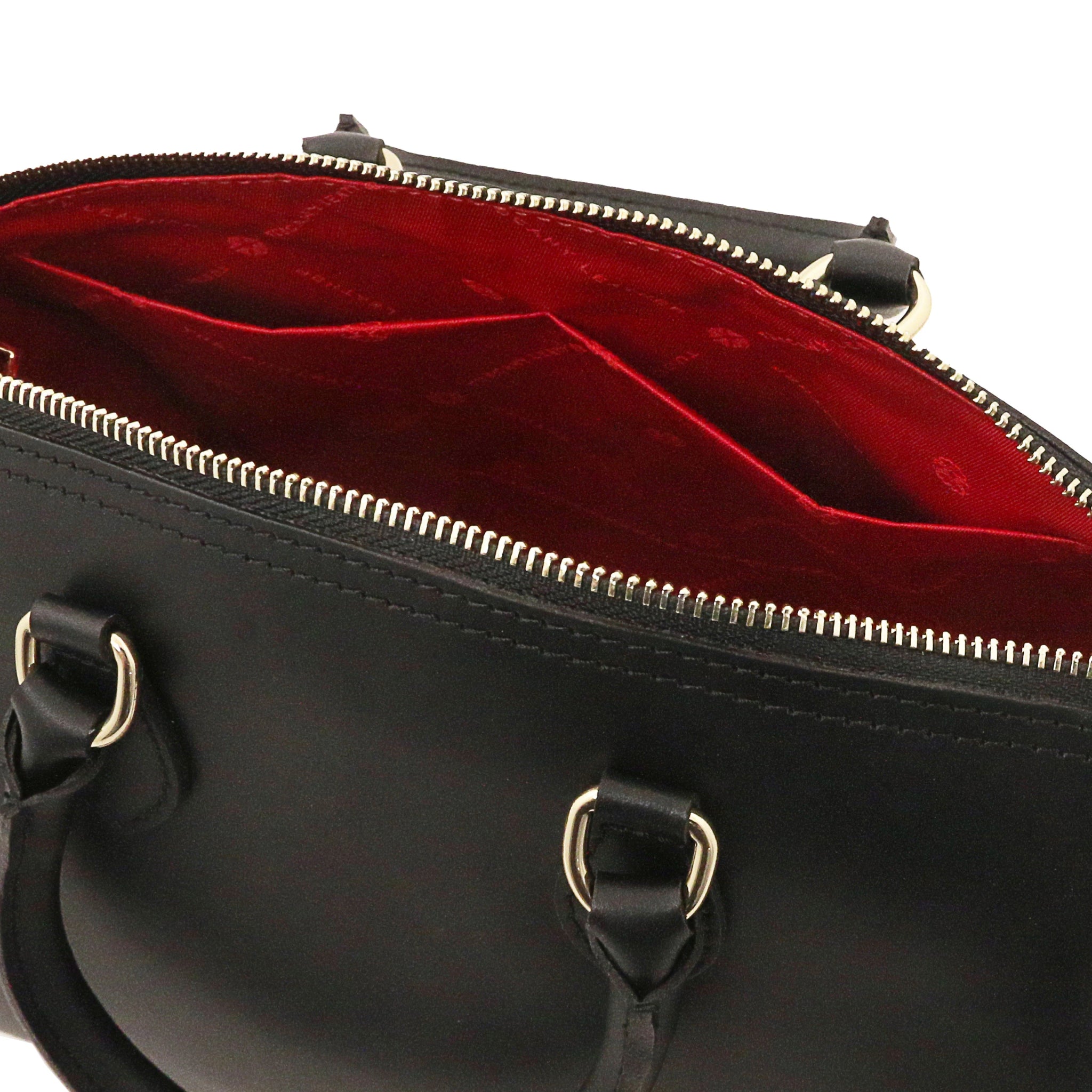 Interior open pockets view of Layla Italian Leather Duffle Bag in black showing the vibrant red lining