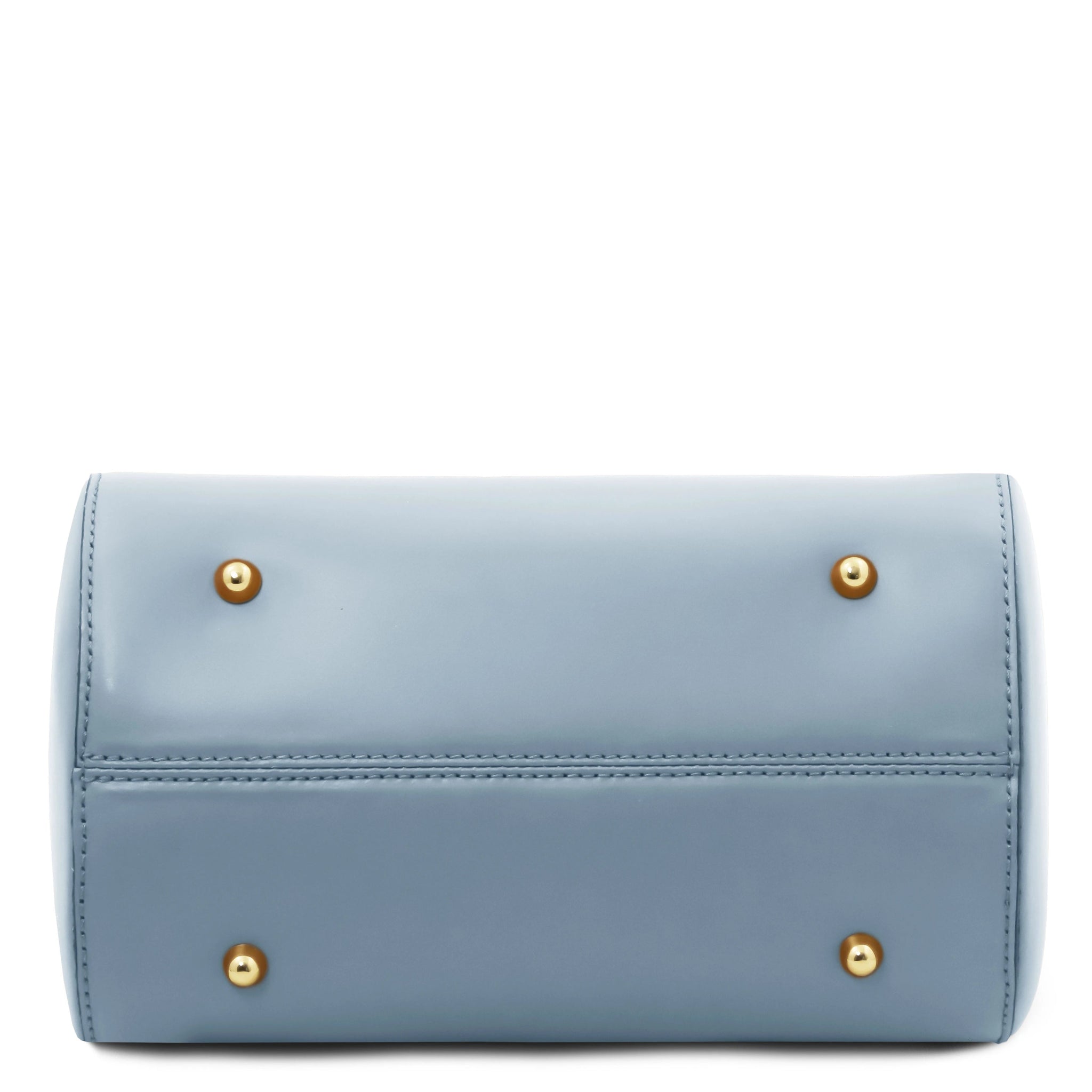 Bottom view of Layla Italian Leather Duffle Bag in light blue showing 4 gold feet