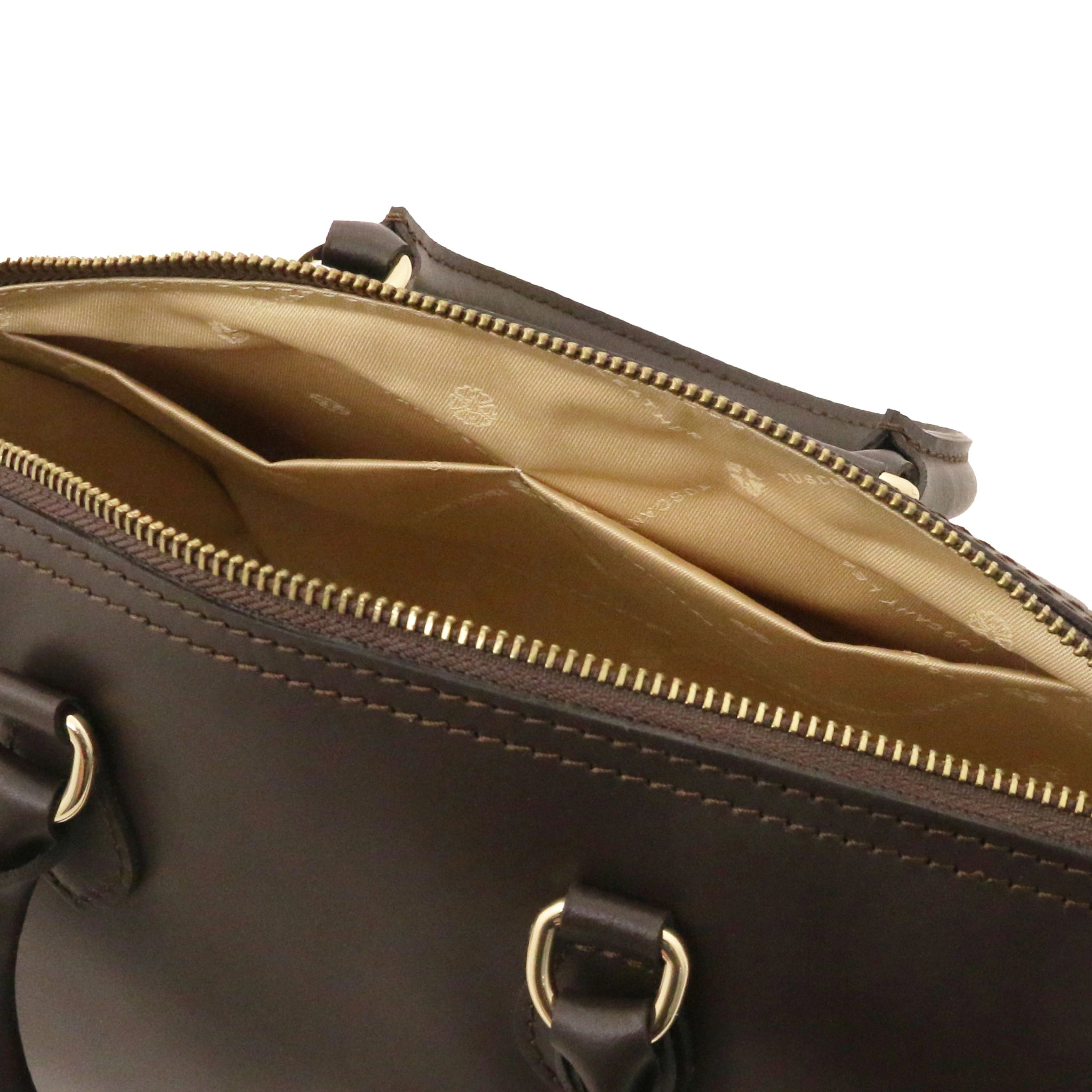 Interior two open pockets view of Layla Italian Leather Duffle Bag in coffee showing the beige lining