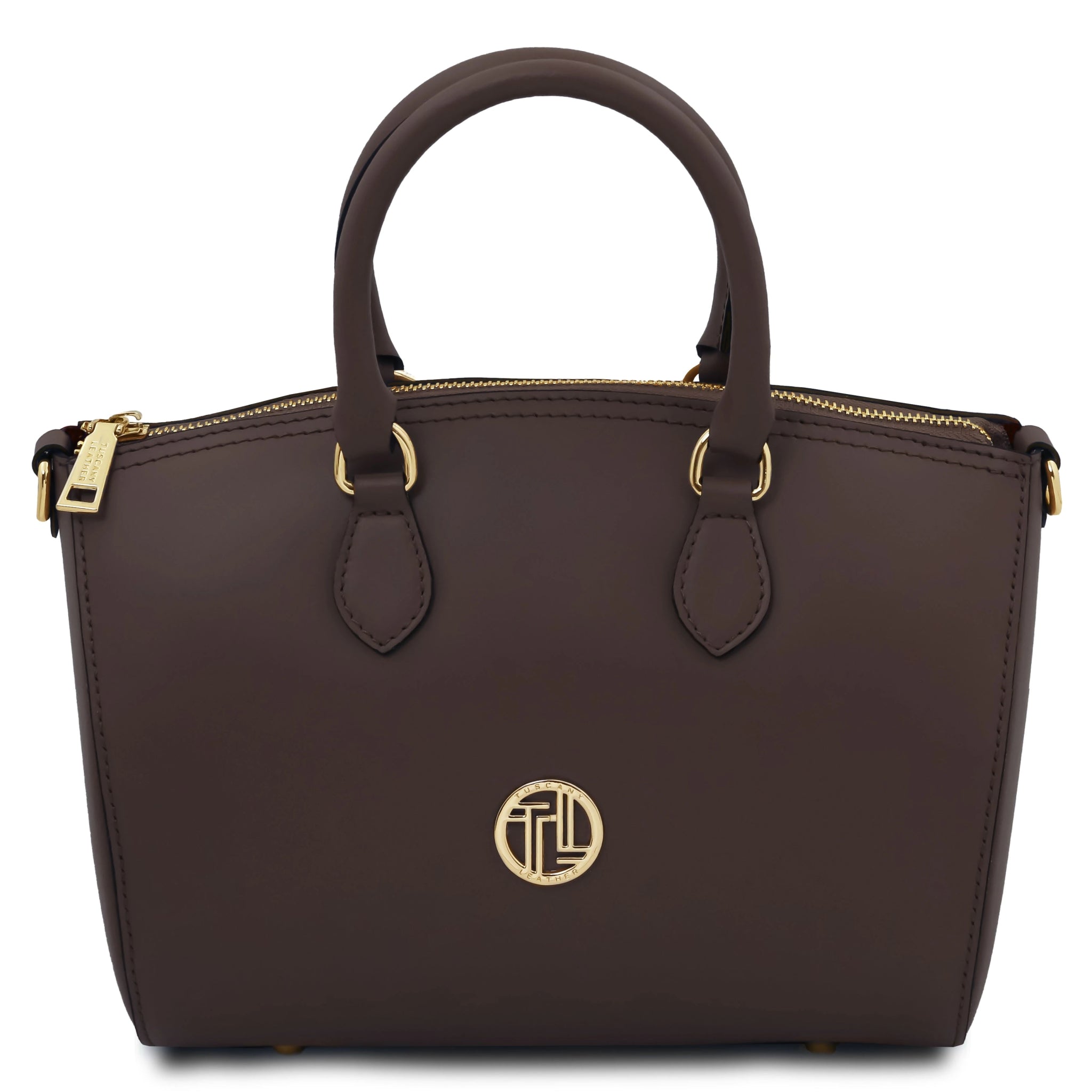 Front view TL Layla Italian Leather Duffle Bag in coffee on a white background showing top handle