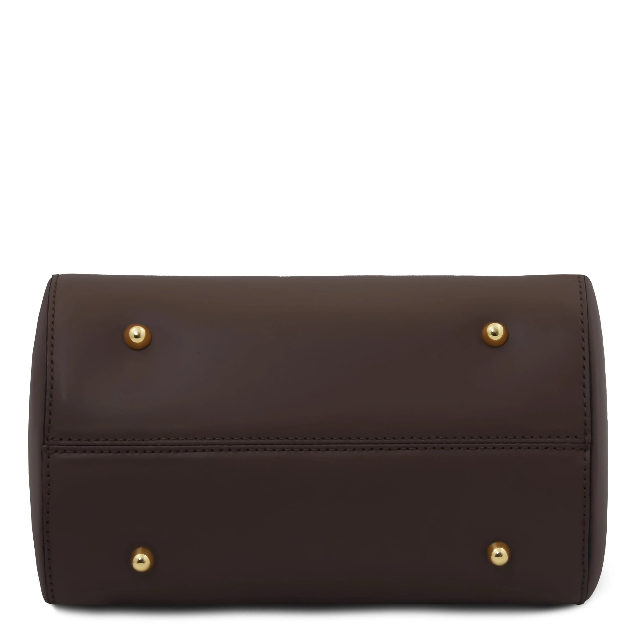 Bottom view of Layla Italian Leather Duffle Bag in coffee showing 4 gold feet