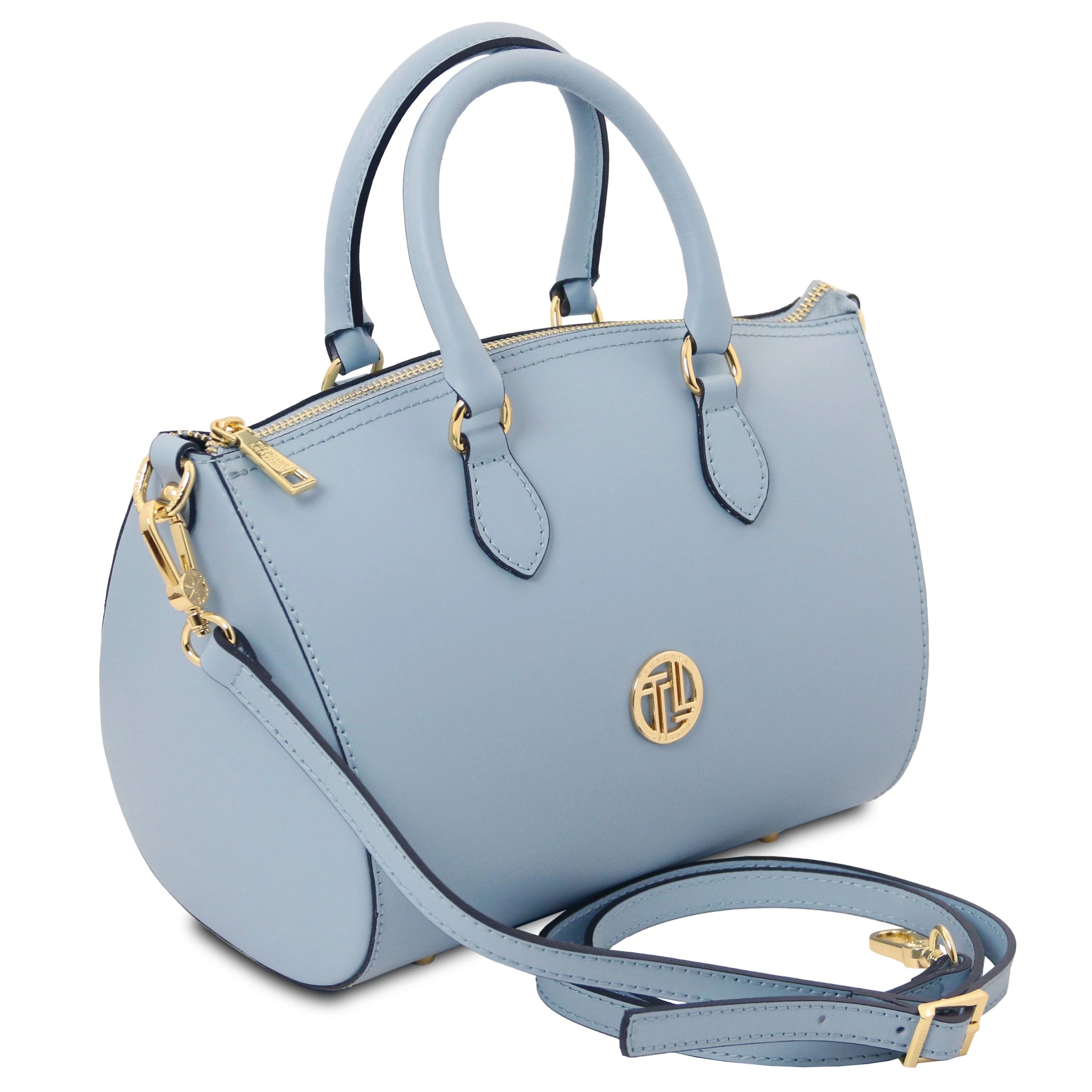 Front side angled view of Layla Italian Leather Duffle Bag in light blue showing top handle and shoulder strap