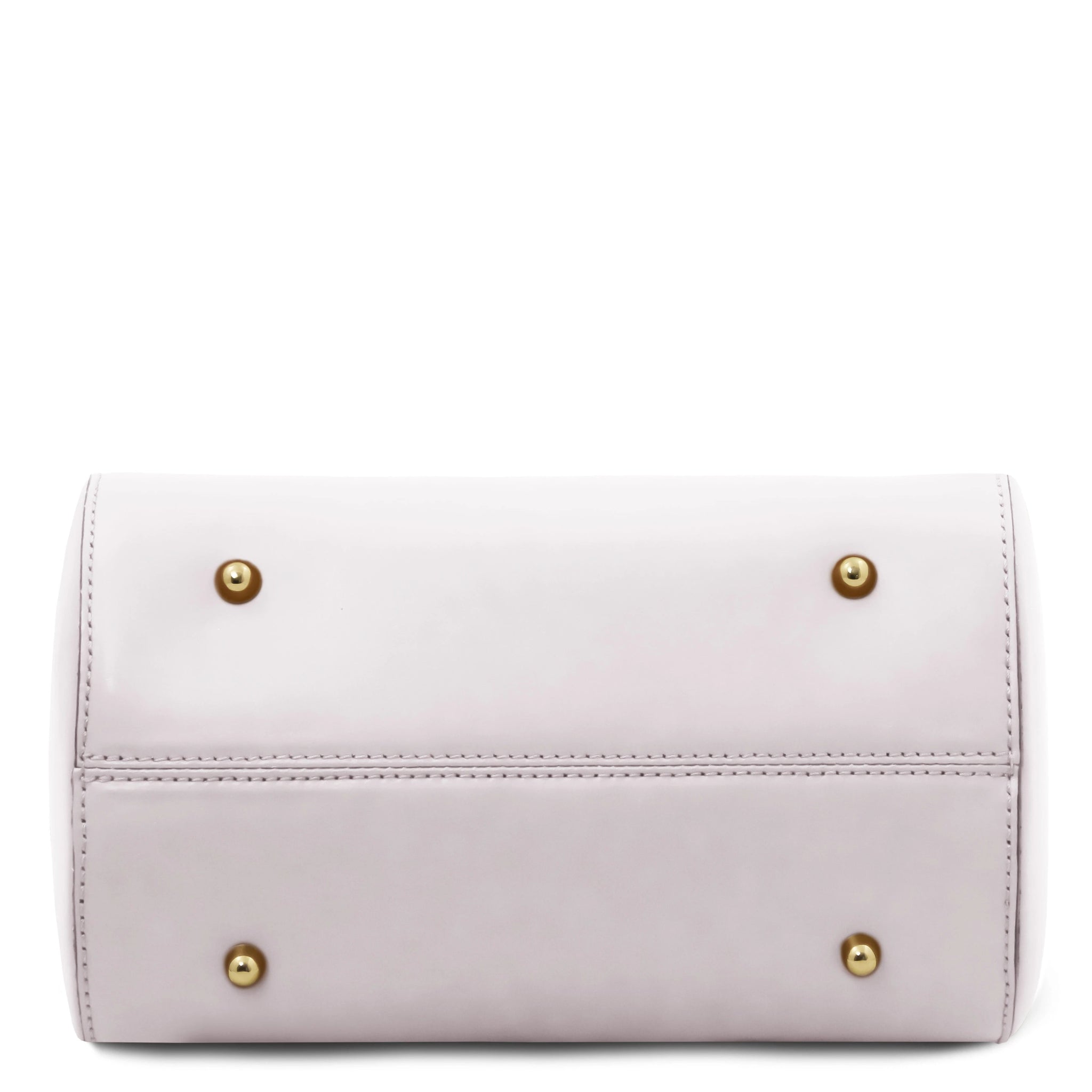 Bottom view of Layla Italian Leather Duffle Bag in white showing 4 gold feet