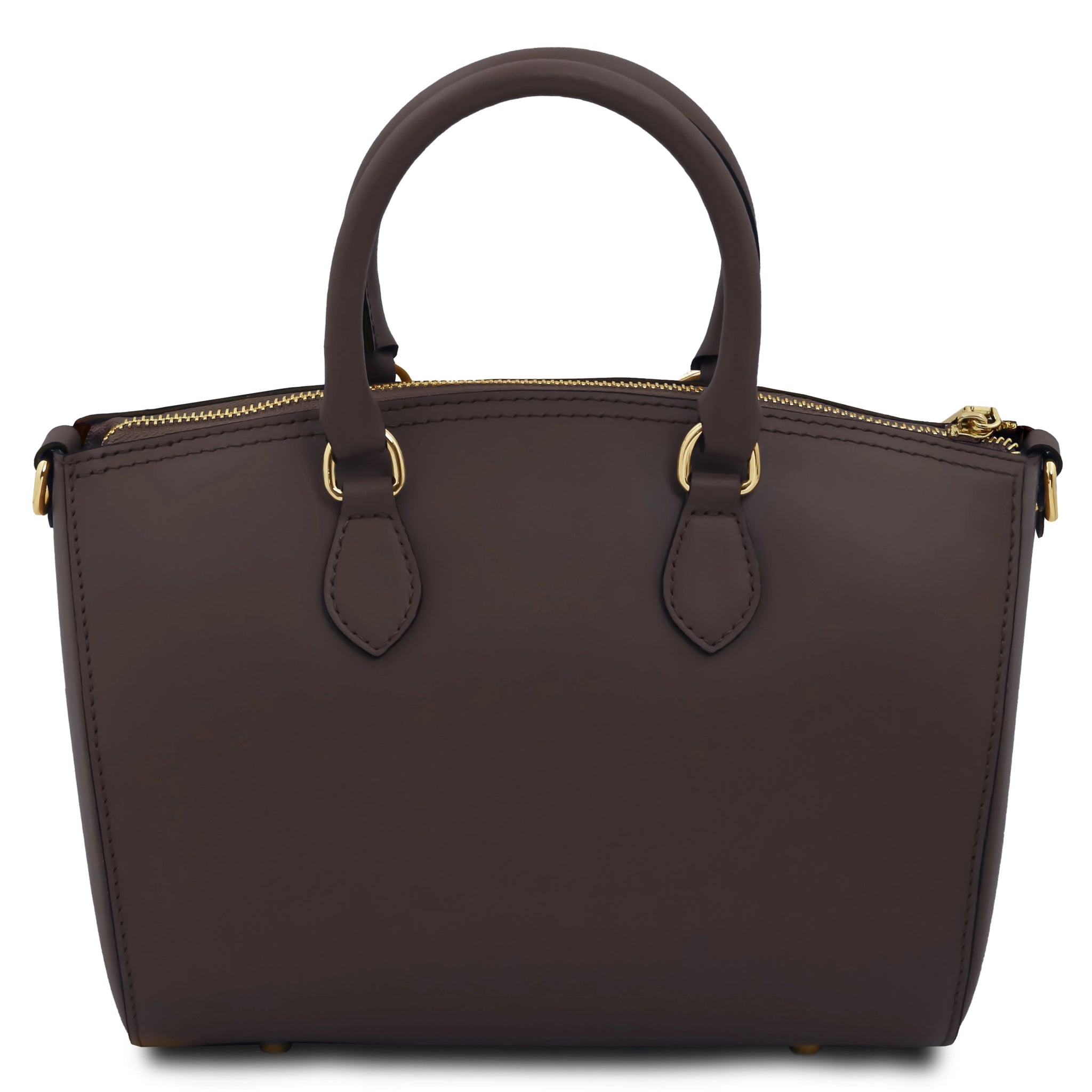 Back view of Layla Italian Leather Duffle Bag in coffee showing top handle