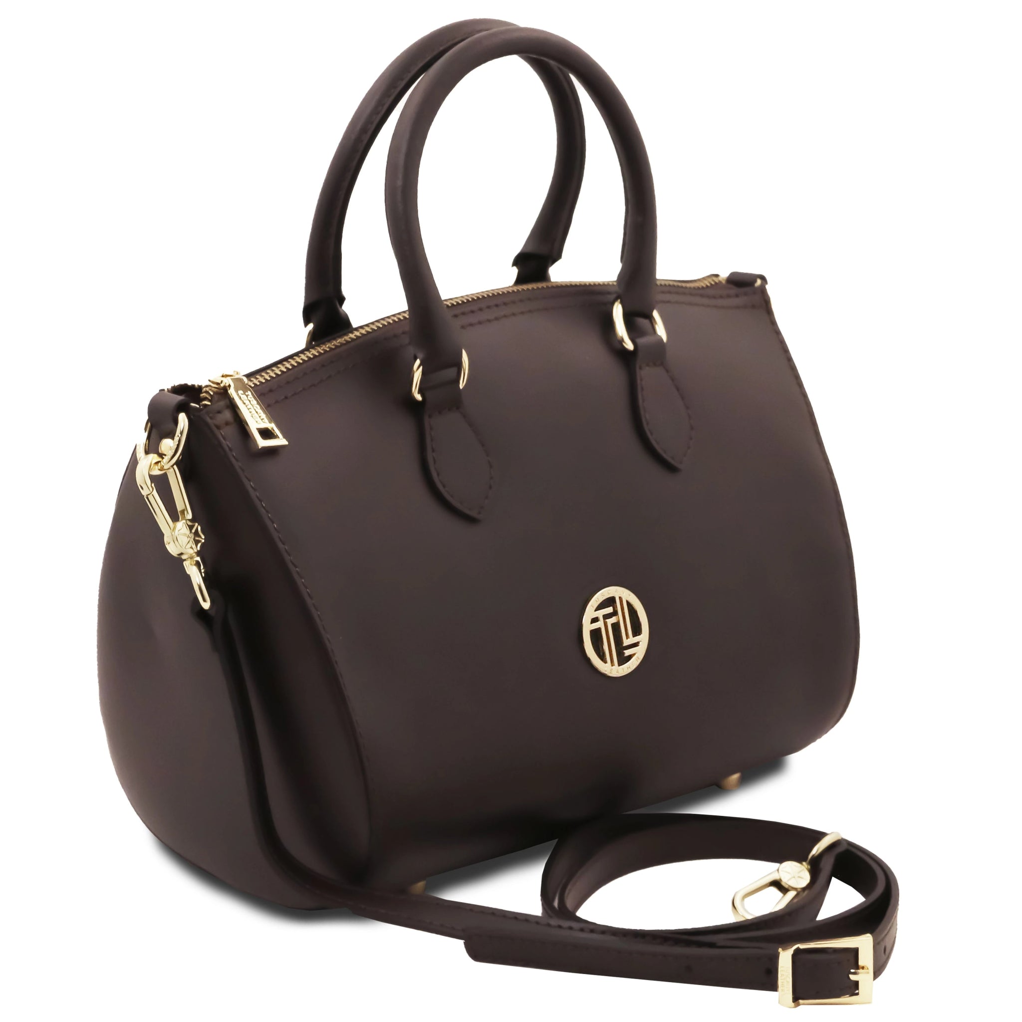 Front angled view of Layla Italian Leather Duffle Bag in coffee showing detachable shoulder strap