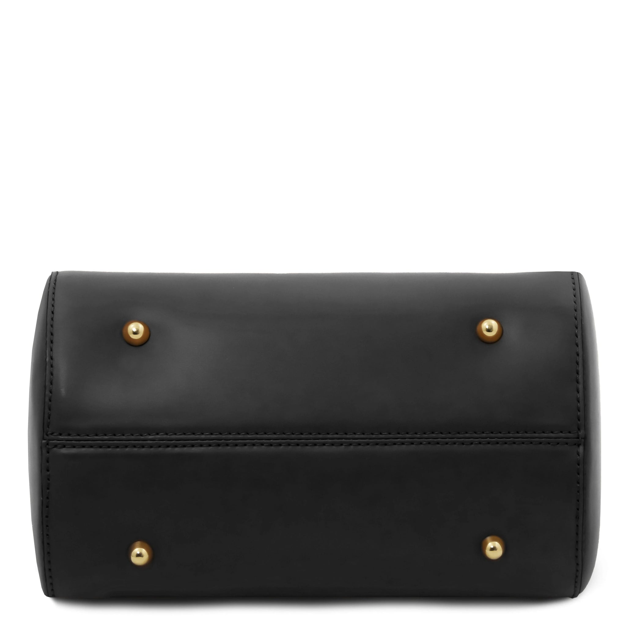 Bottom view of Layla Italian Leather Duffle Bag in black showing 4 gold feet