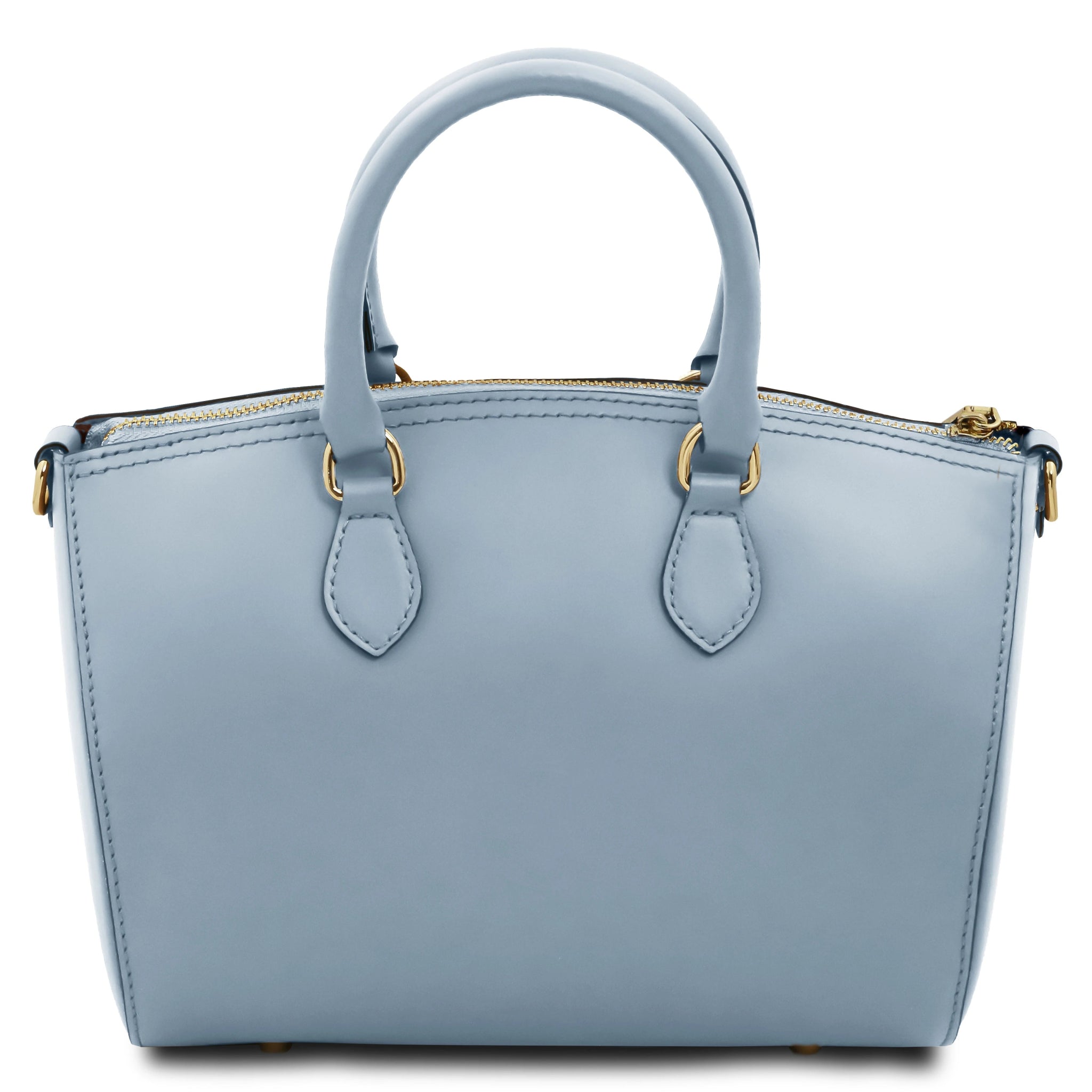 Back view of Layla Italian Leather Duffle Bag in light blue showing top handle