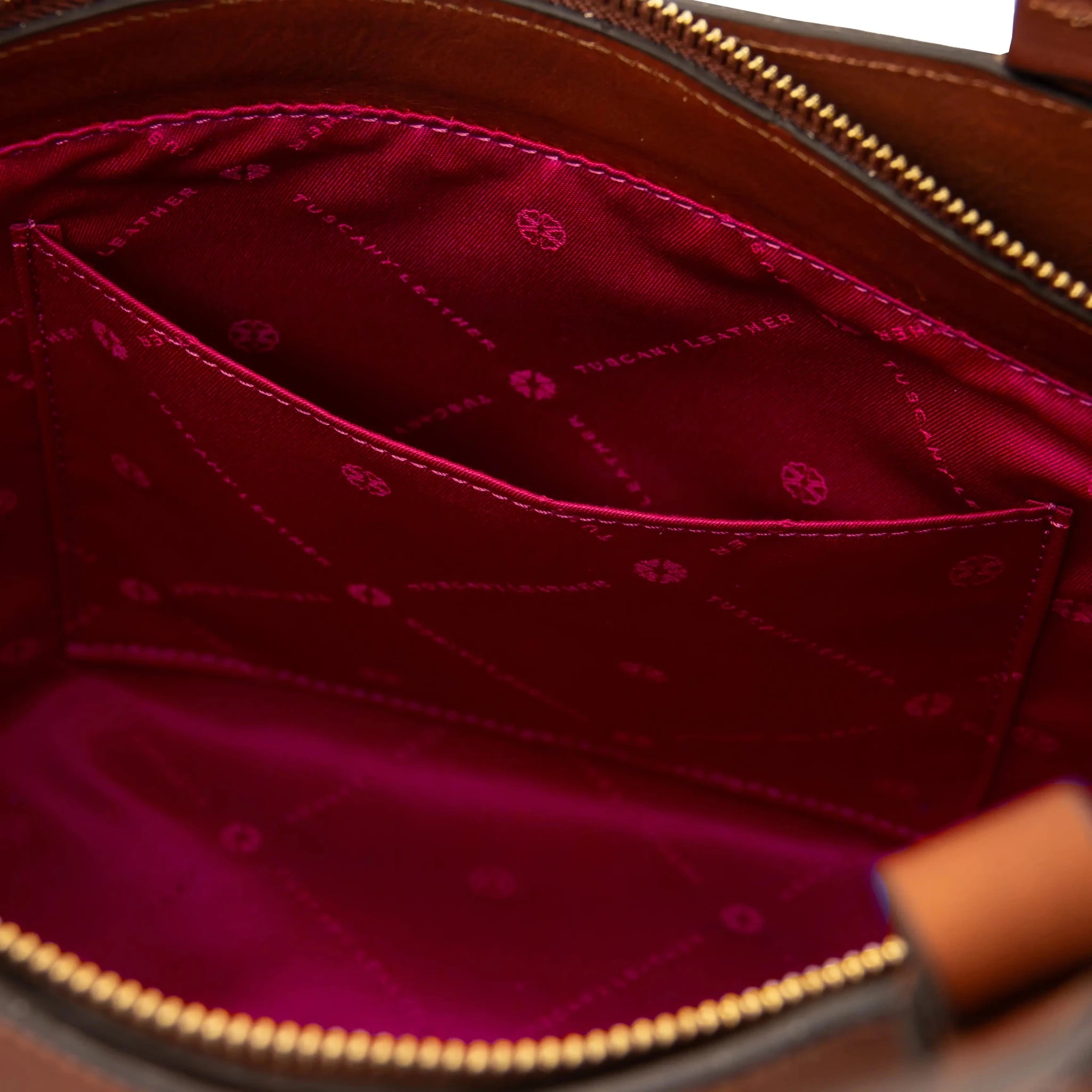 Interior open pocket red lining view Brown Libra Italian Leather Shoulder Bag on white background