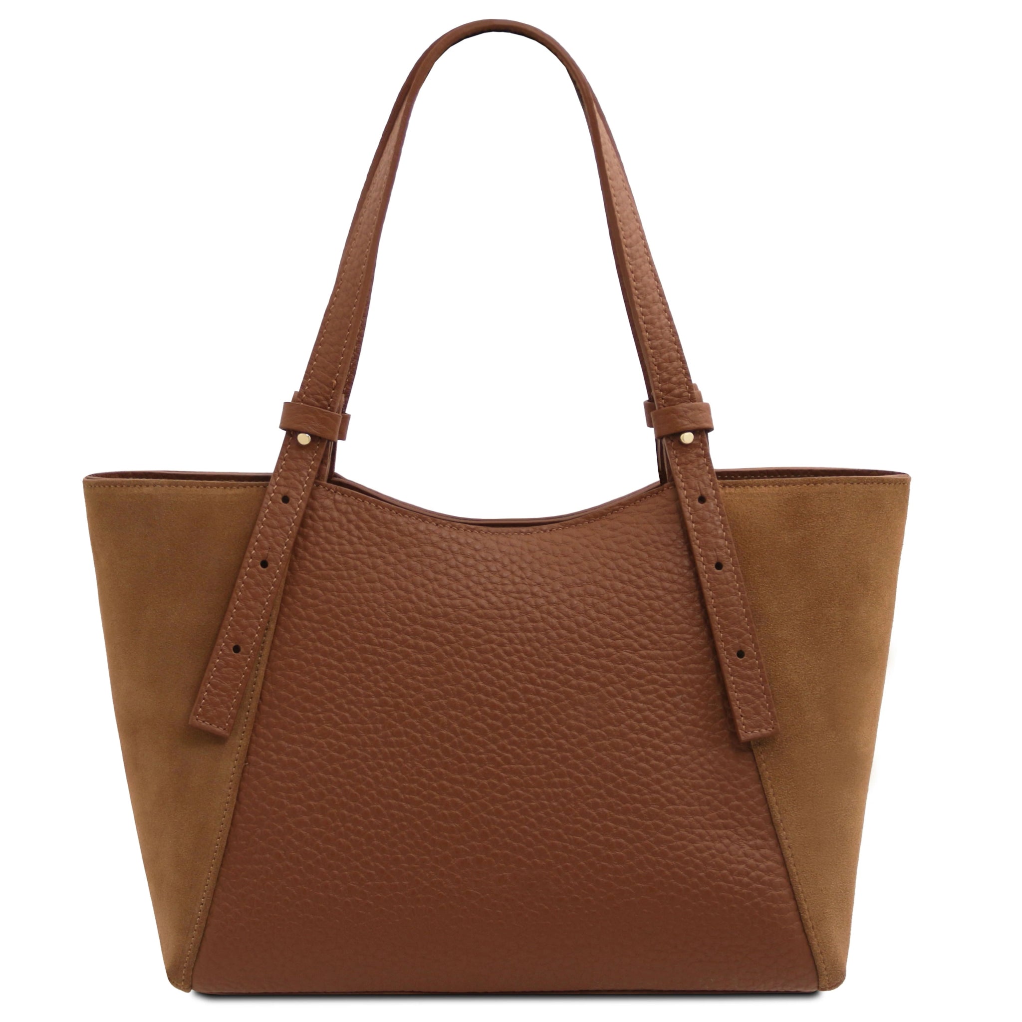 Back view of the Libra Leather Suede Shoulder Bag in cognac, with pebbled leather center and suede sides.