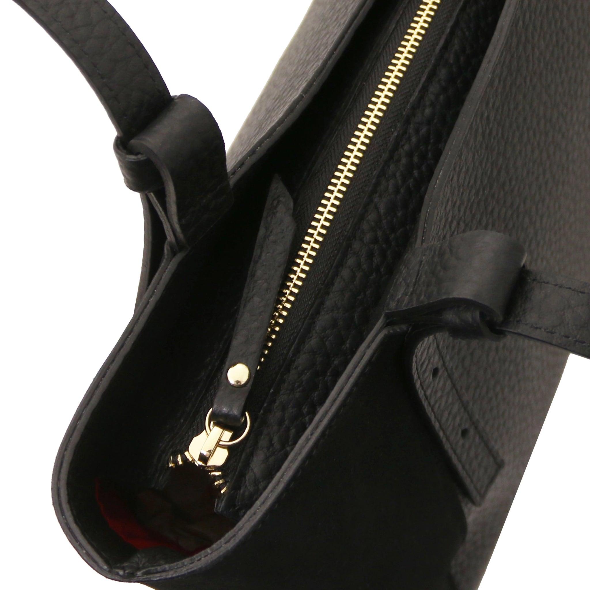 Top view of the Libra Leather Suede Shoulder Bag in black showing gold zipper and strap detail.