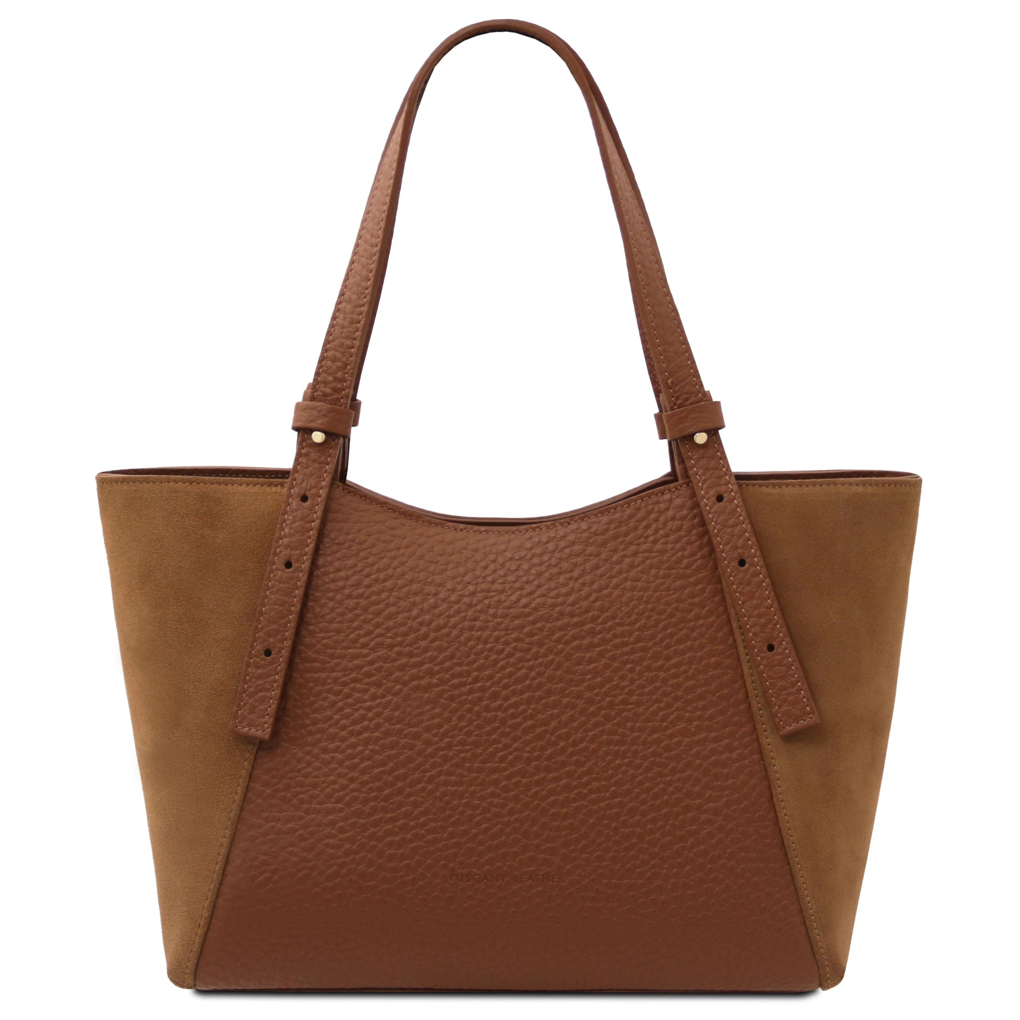 Front view of the Libra Leather Suede Shoulder Bag in cognac with suede sides and adjustable straps.