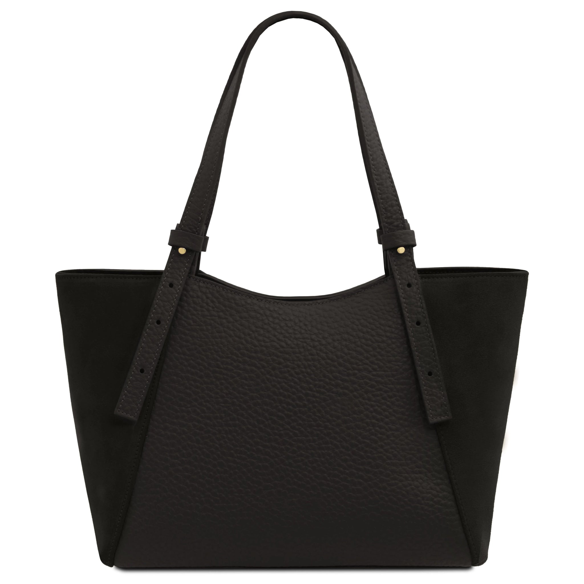 Back view of the Libra Leather Suede Shoulder Bag in black, with pebbled leather center and suede sides.