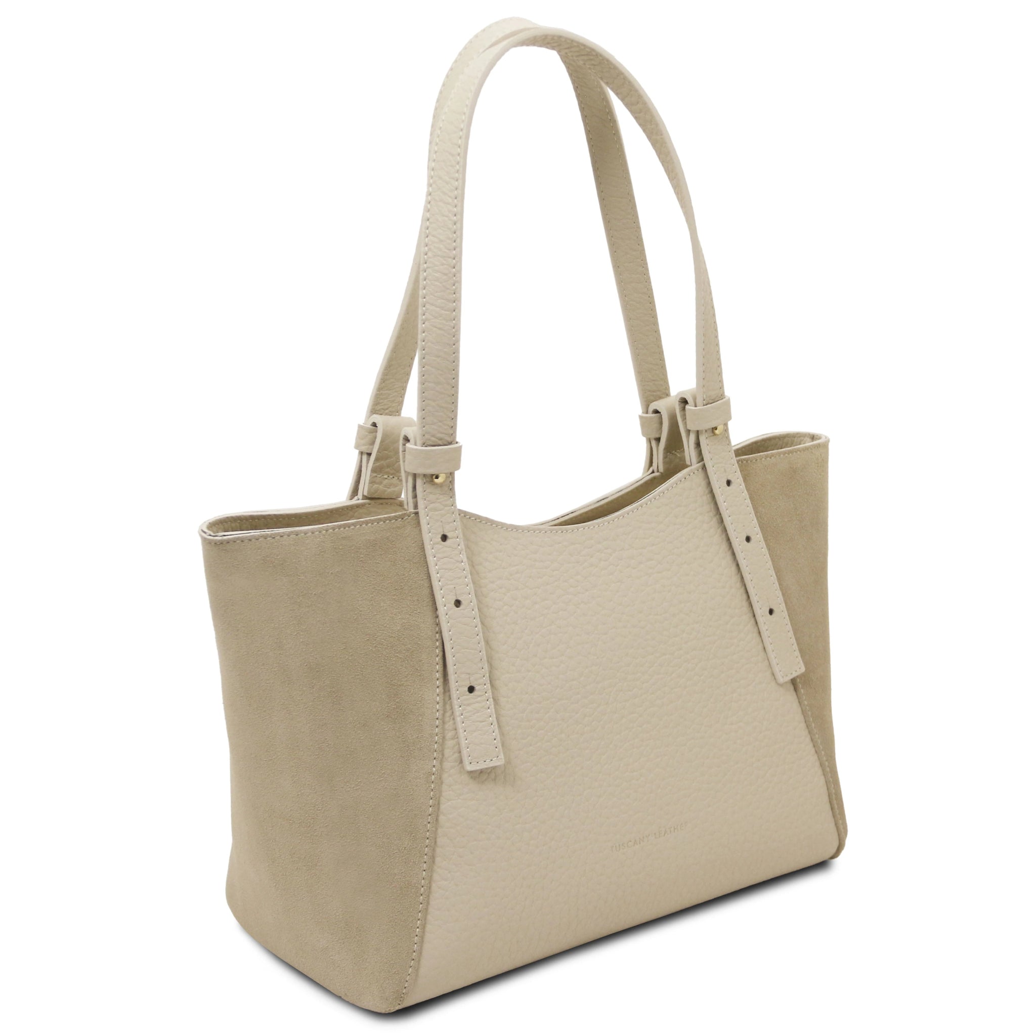 Angled view of the Libra Leather Suede Shoulder Bag in beige, showing its mix of suede and leather.