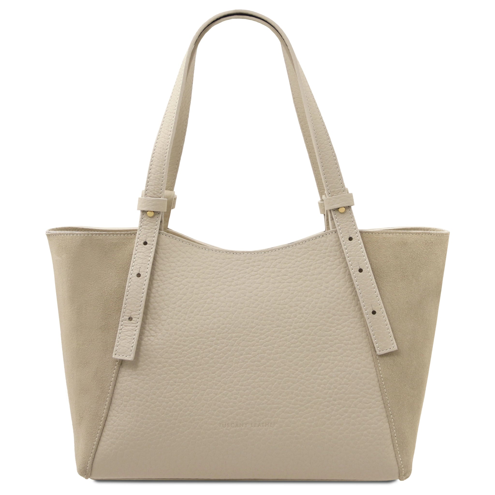 Back view of the Libra Leather Suede Shoulder Bag in beige, with pebbled leather center and suede sides.