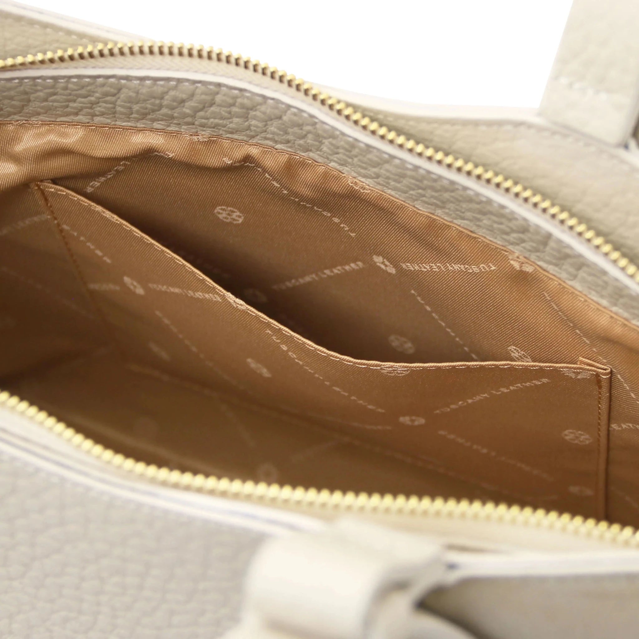 Interior open pocket view Libra Leather Shoulder Bag in beige with beige lining