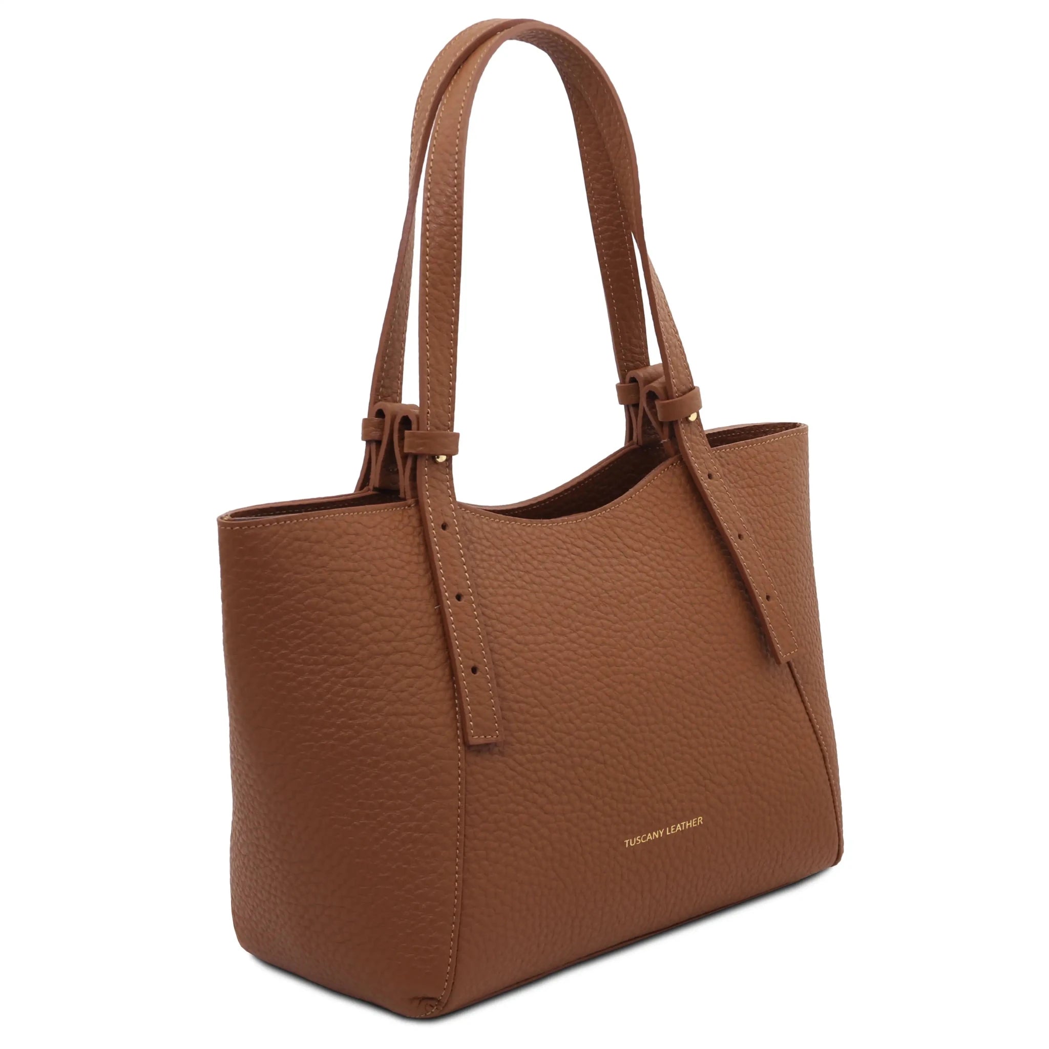 Side view Libra Italian Pebbled Leather Shoulder Bag in cognac