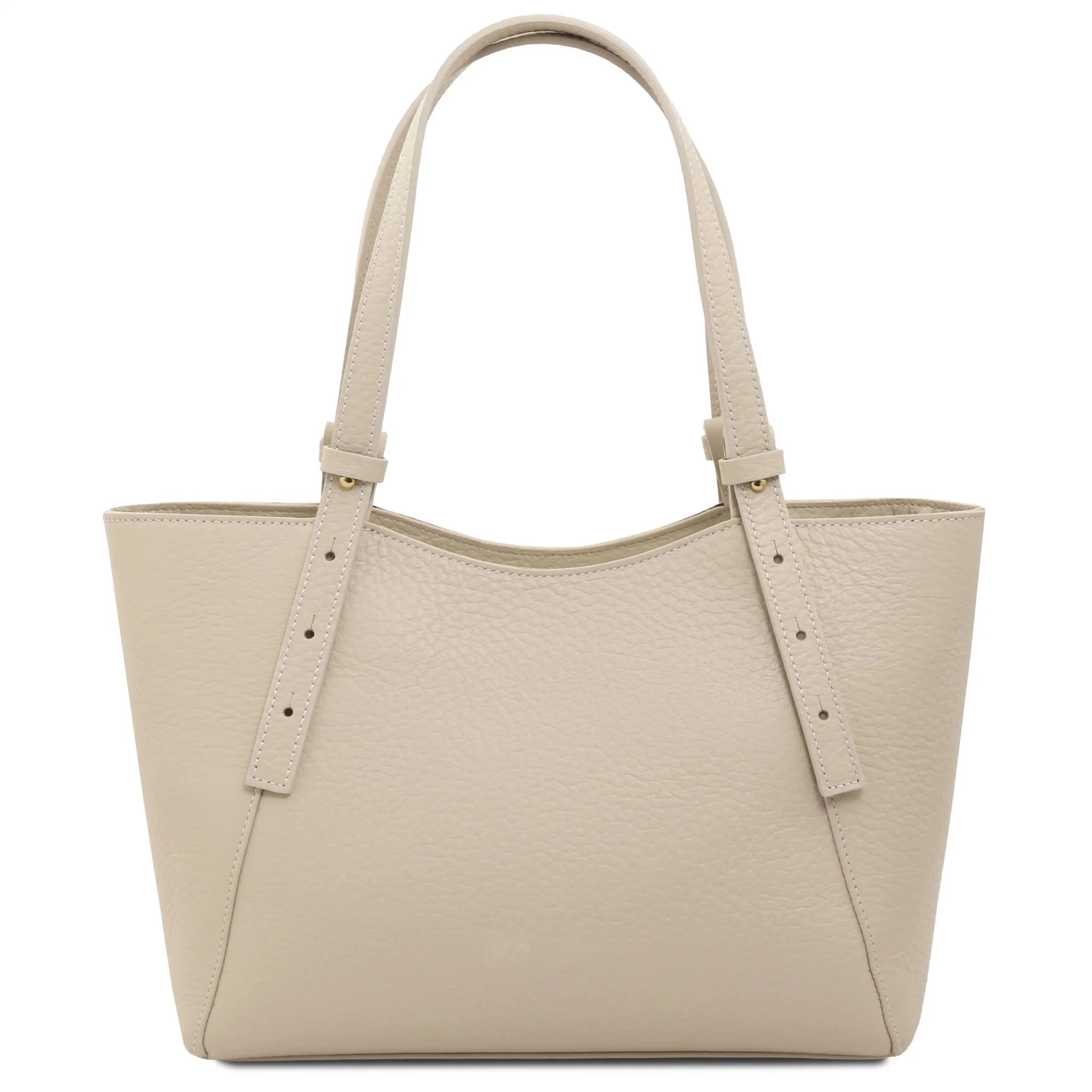 Back view Libra Italian Pebbled Leather Shoulder Bag in beige