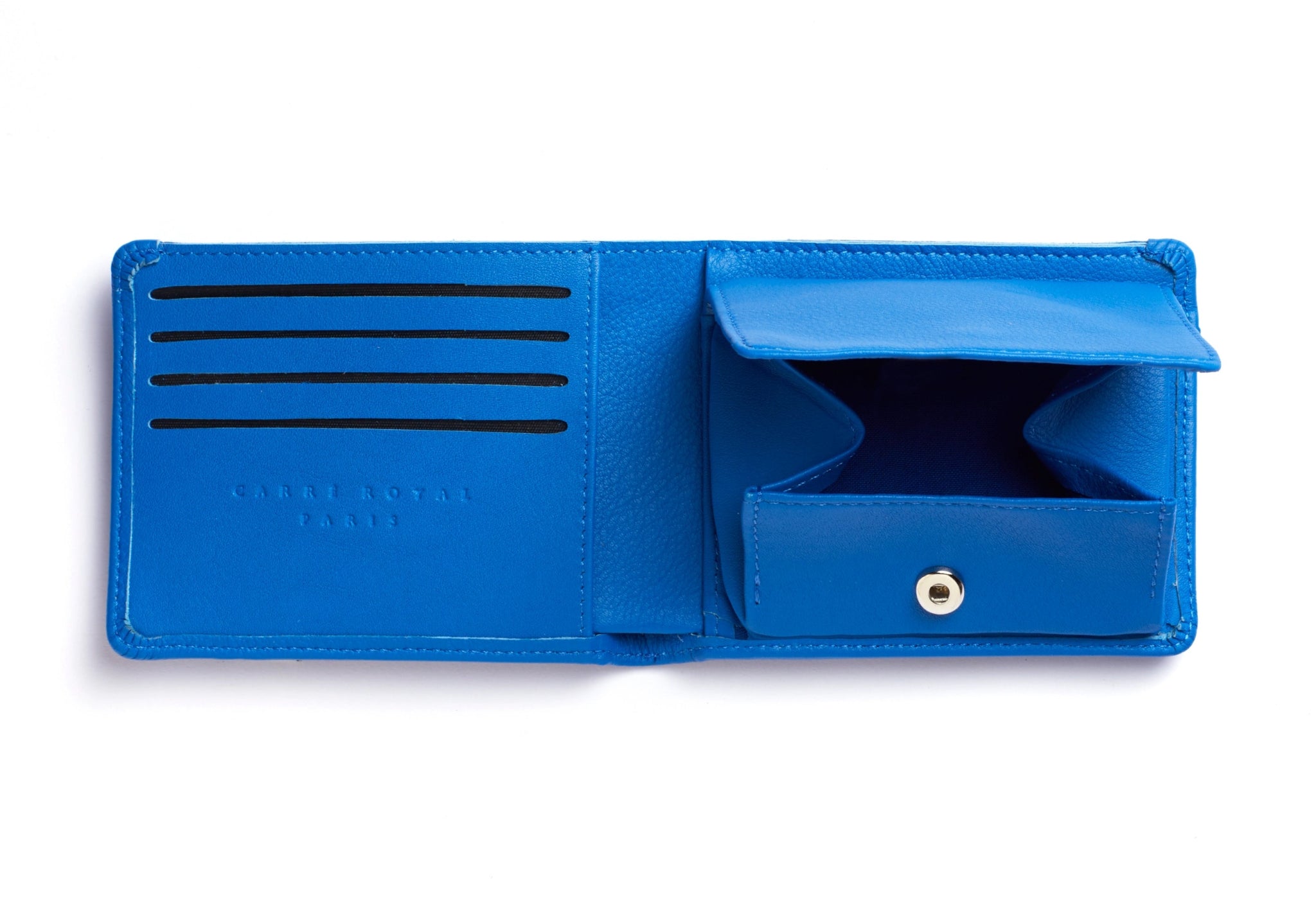 Light Blue Minimalist Wallet with Coin Pocket on a white background showing four card slots and pouch coin pocket.