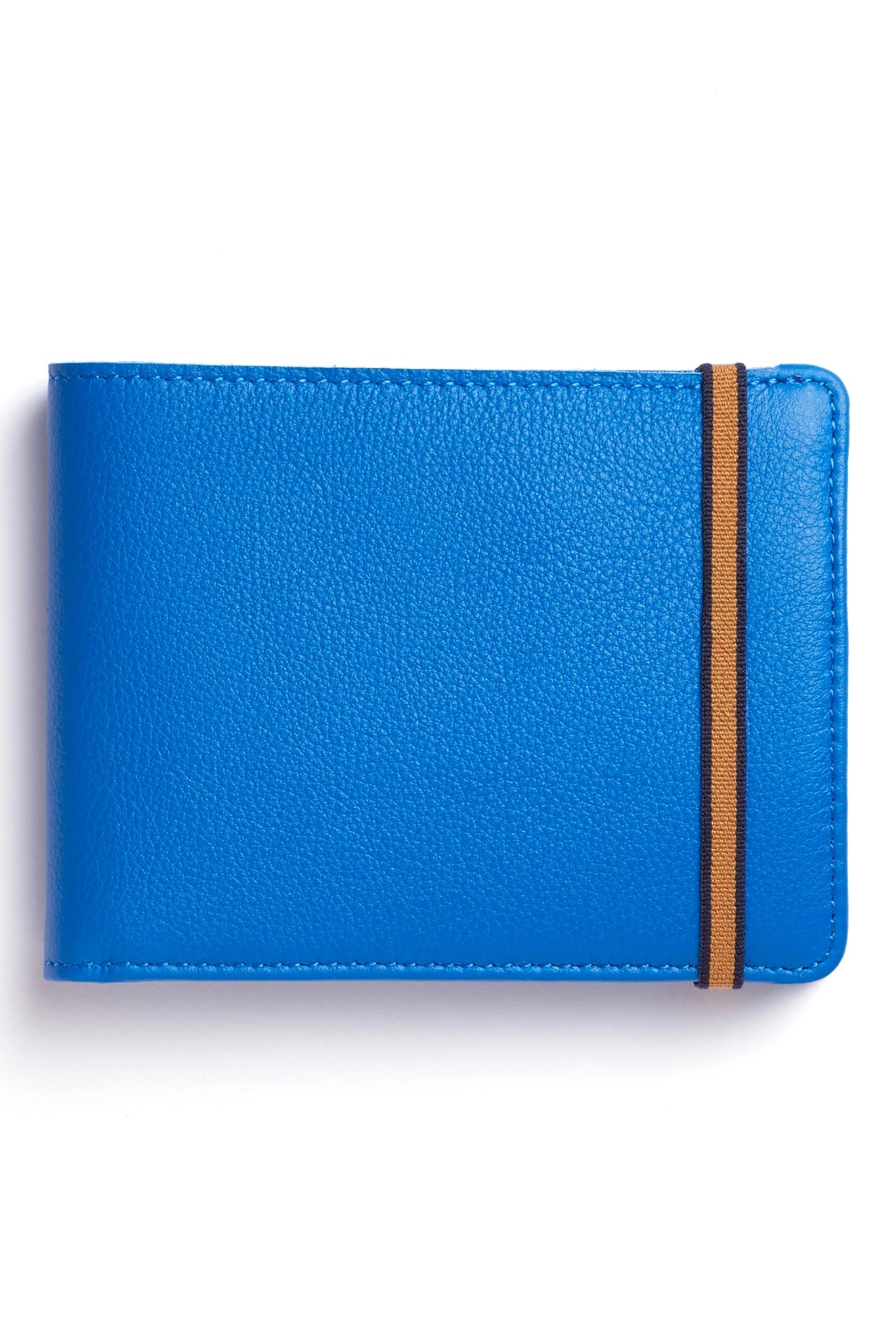 Light Blue Minimalist Wallet with Coin Pocket on a white background showing gold and black elastic strap.