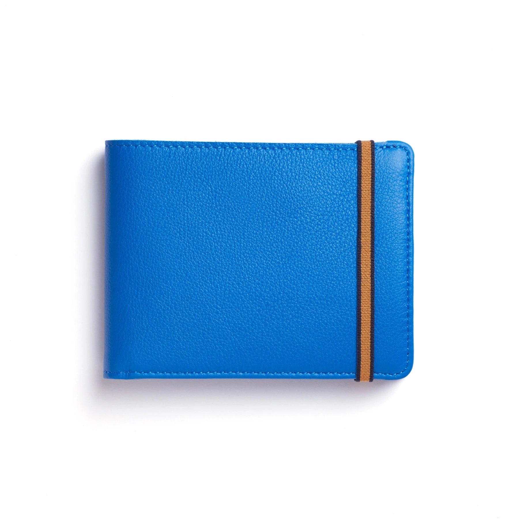 Light Blue Minimalist Wallet with Coin Pocket on a white background showing gold and black elastic strap.